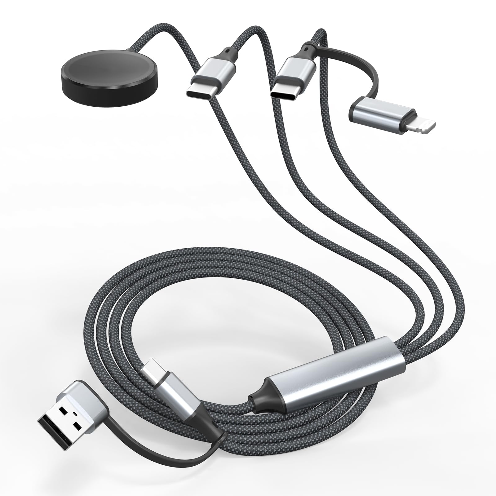 Travel Depot Câble de charge multifonction 4 en 1 pour Apple Watch, chargeur multiple universel pour tous les appareils, câble USB-C de charge rapide de 100 W compatible avec iWatch Ultra/SE/10