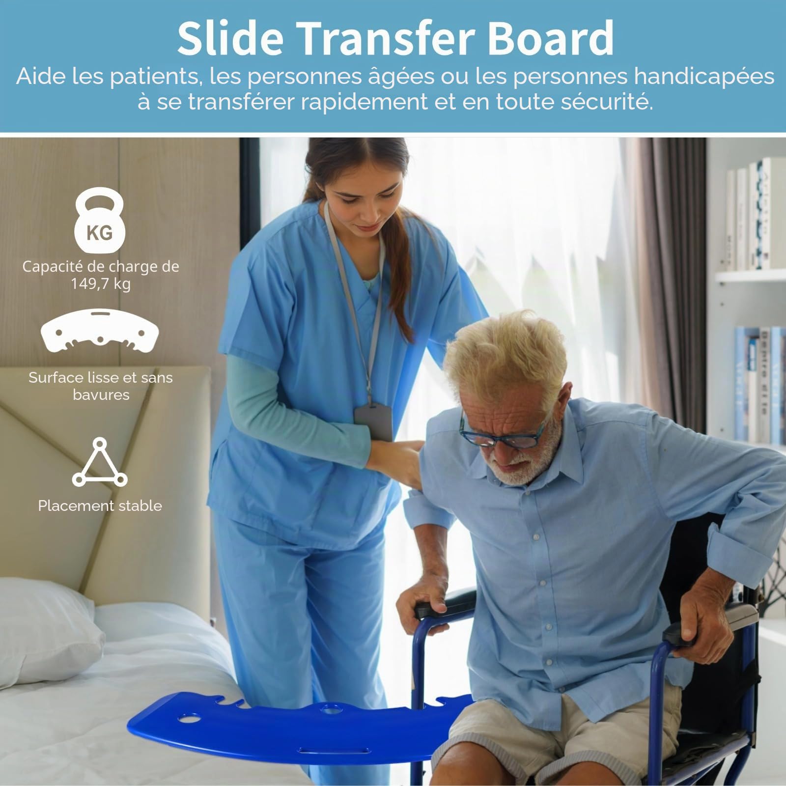 CACAZI Planche à glisser, aide au glissement du patient, planche de transfert pour transférer les patients du fauteuil roulant au lit, aux toilettes ou dans la voiture, planche antidérapante avec