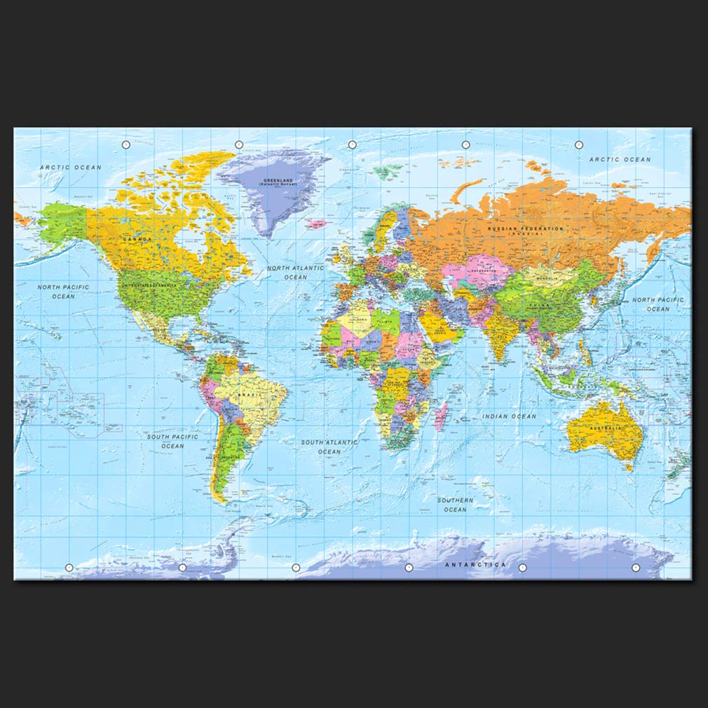 decomonkey Mapa mundi chinchetas político Planisferio inglés 120x80 cm | 50 chinchetas, tablero de lienzo, tablero de fibra, decoración de pared para salón y despacho, para marcar viajes, diseño 1