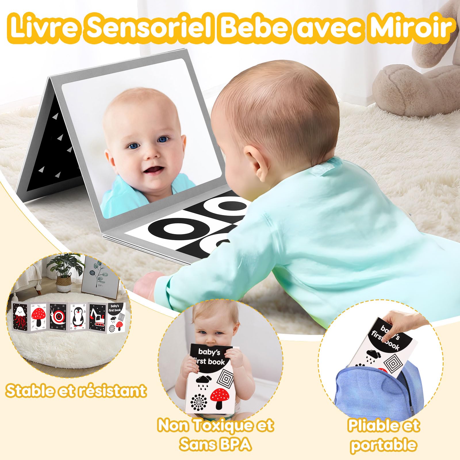 Livre Eveil Bebe 0-3 0-6 Mois, Livre Noir et Blanc Bébé Sensoriel avec Miroir Tummy Time, Carte Contraste Montessori Jeux d’eveil Jouet Bebe 0 3 6 Mois, Cadeau Bébé Naissance Garcon Fille Nouveau-Né
