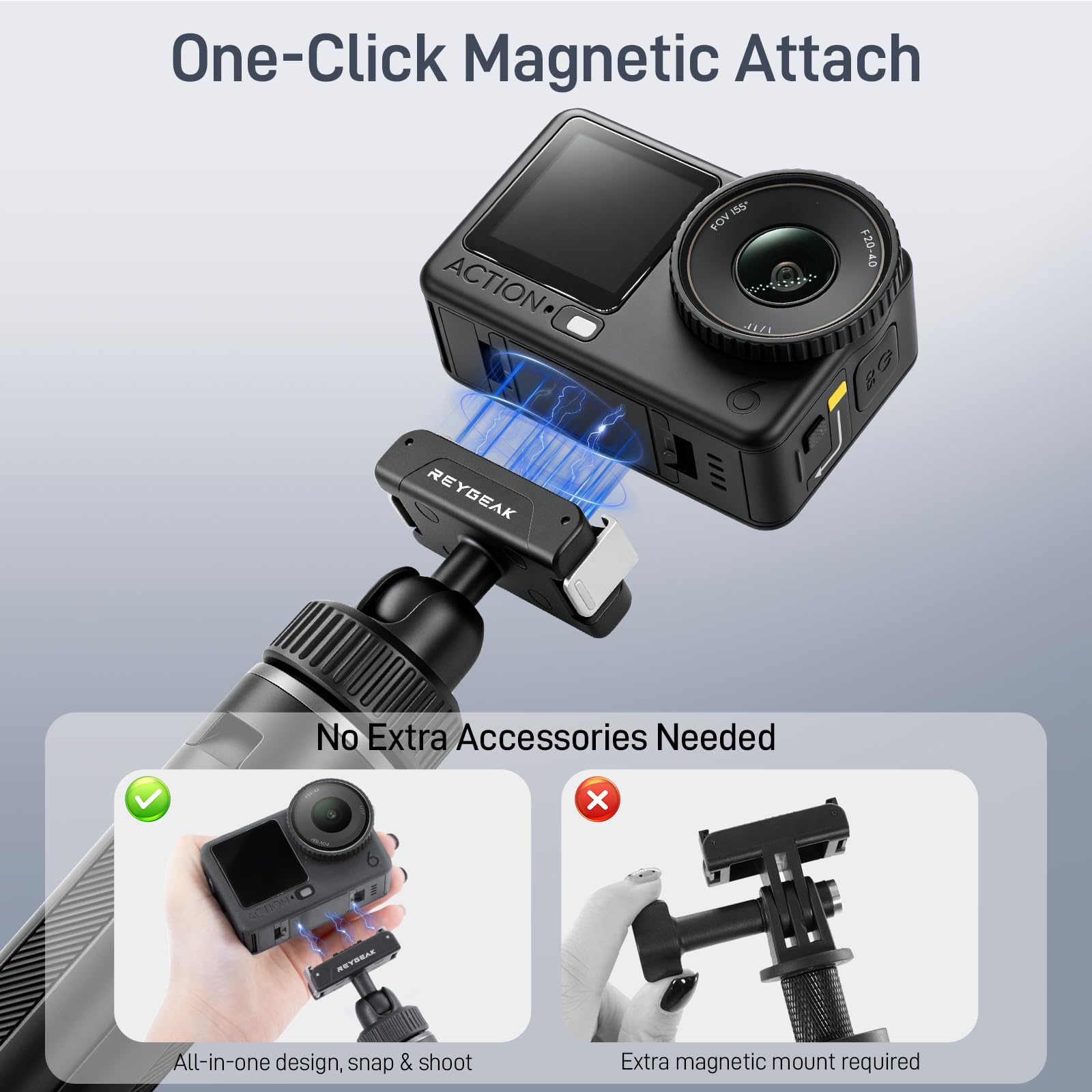 REYGEAK Trípode magnético para selfie para DJI Osmo Action 6/5/4/3/Nano, mango de cámara extensible con soporte de liberación rápida, cabeza de bola de 360° para video vertical, soporte de trípode