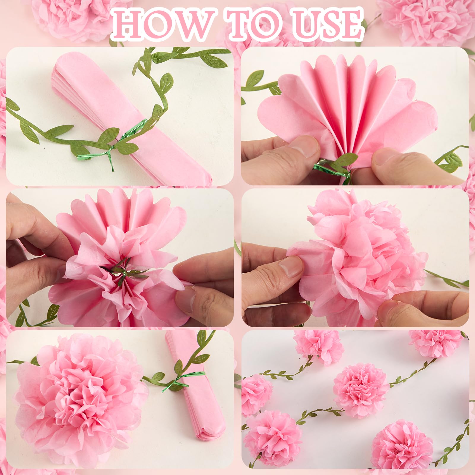 Papierblumengirlande, Blumenblätter, Banner, Pompom-Girlande, Dekorationen für Wand, Jahrestag, Hochzeit, Geburtstag, Bogendekoration (2,5 m), 2 Stück