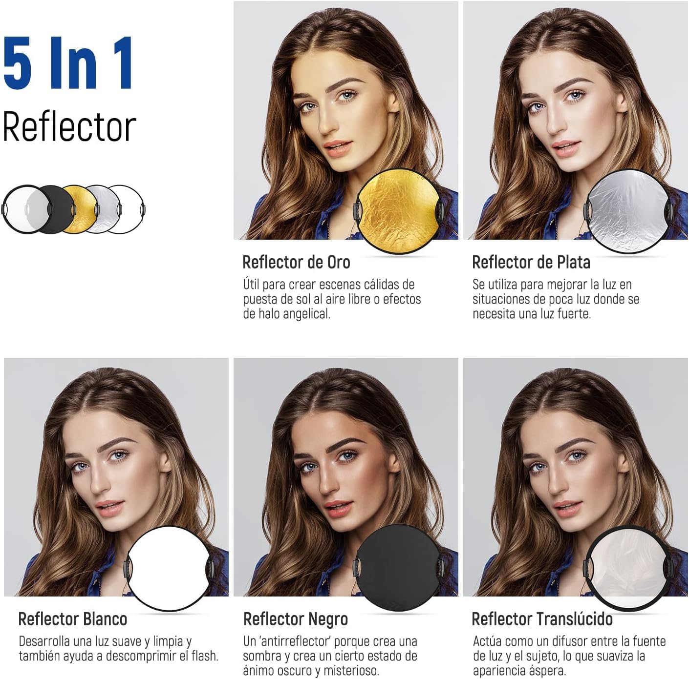 NEEWER Reflector de Luz de 22"/56cm con Empuñadura Rosca 3/8",Difusor de Luz de Disco Plegable 5 en 1 Translúcido/Plateado/Dorado/Blanco/Negro para Iluminación Fotográfica, para Exteriores, RF-56II