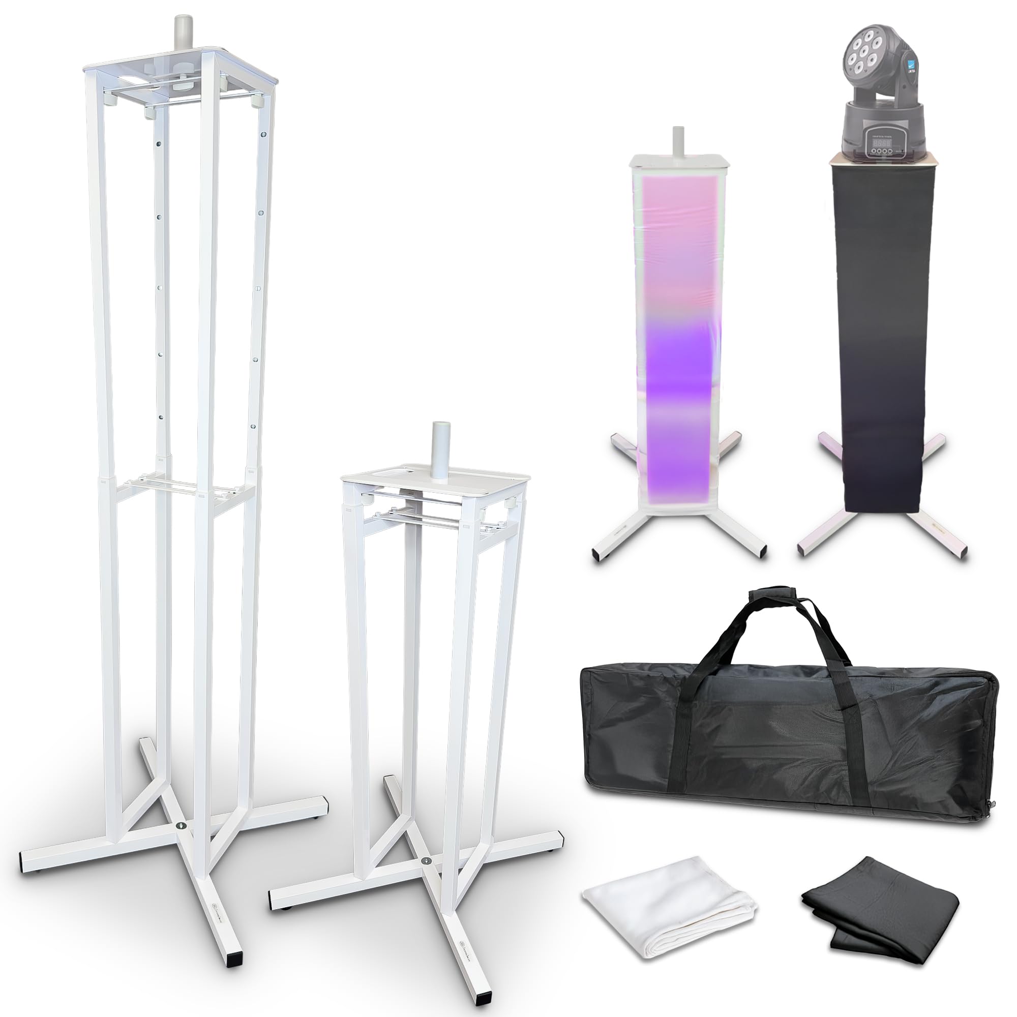 AxcessAble Two 2 Moving Head Light Totem Stands with White Black Scrims Portable DJ Lighting or Speaker Column