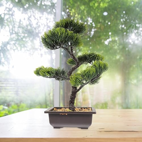 Miniatura 2 de VOSAREA Árbol de pino bonsái artificial, simulación de imitación de planta en maceta, exhibición de escritorio, adornos de maceta de árbol falso,