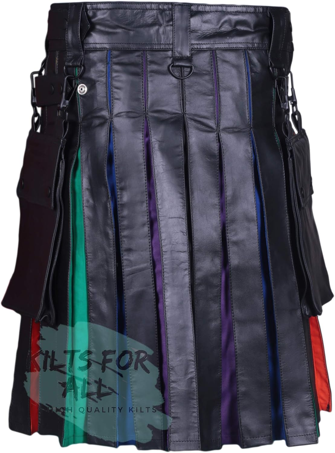 Black Rainbow Cowhide Leather Utility Kilt for Men - Leather Kilts