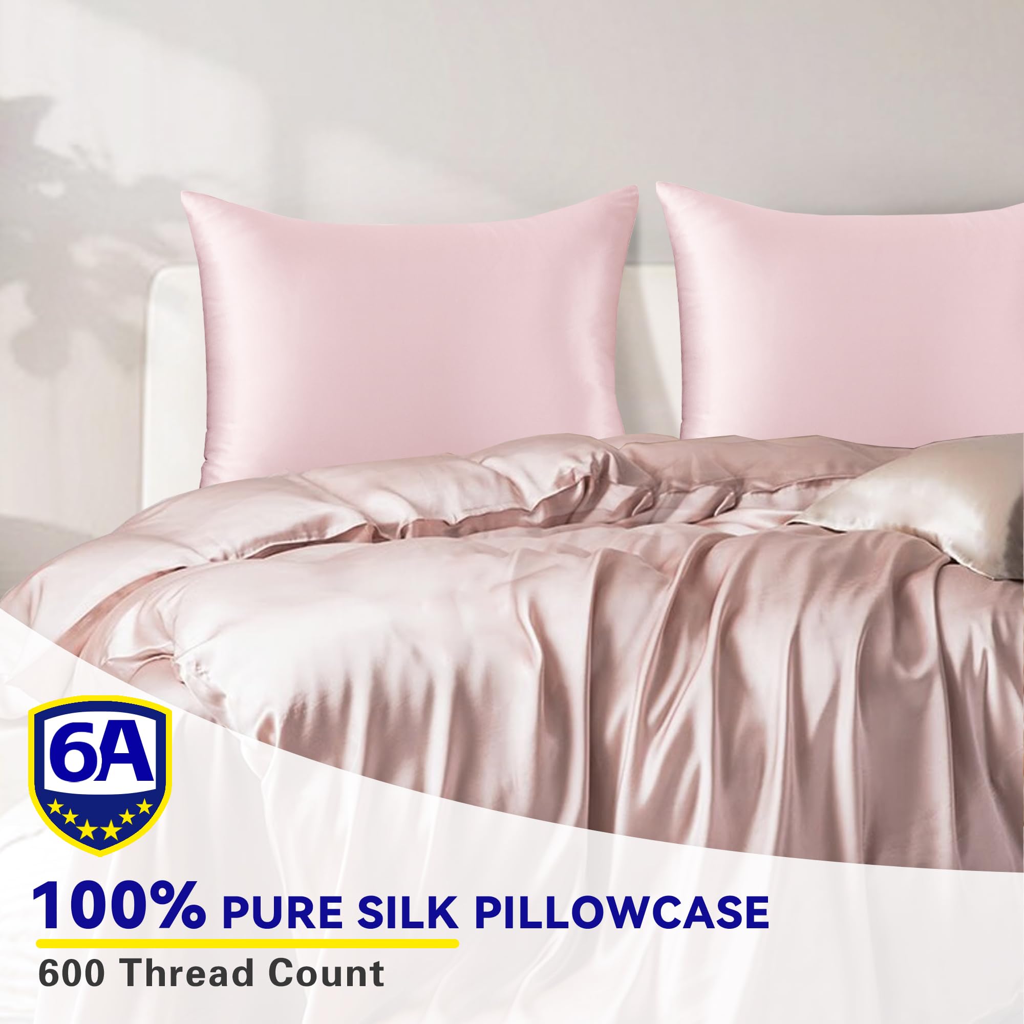 Jaciu Federa 100% seta, per capelli e pelle, federa in seta di gelso su entrambi i lati 21 Momme 600 fili morbidi e traspiranti (Rosa, 51x76cm, 1 pezzo)