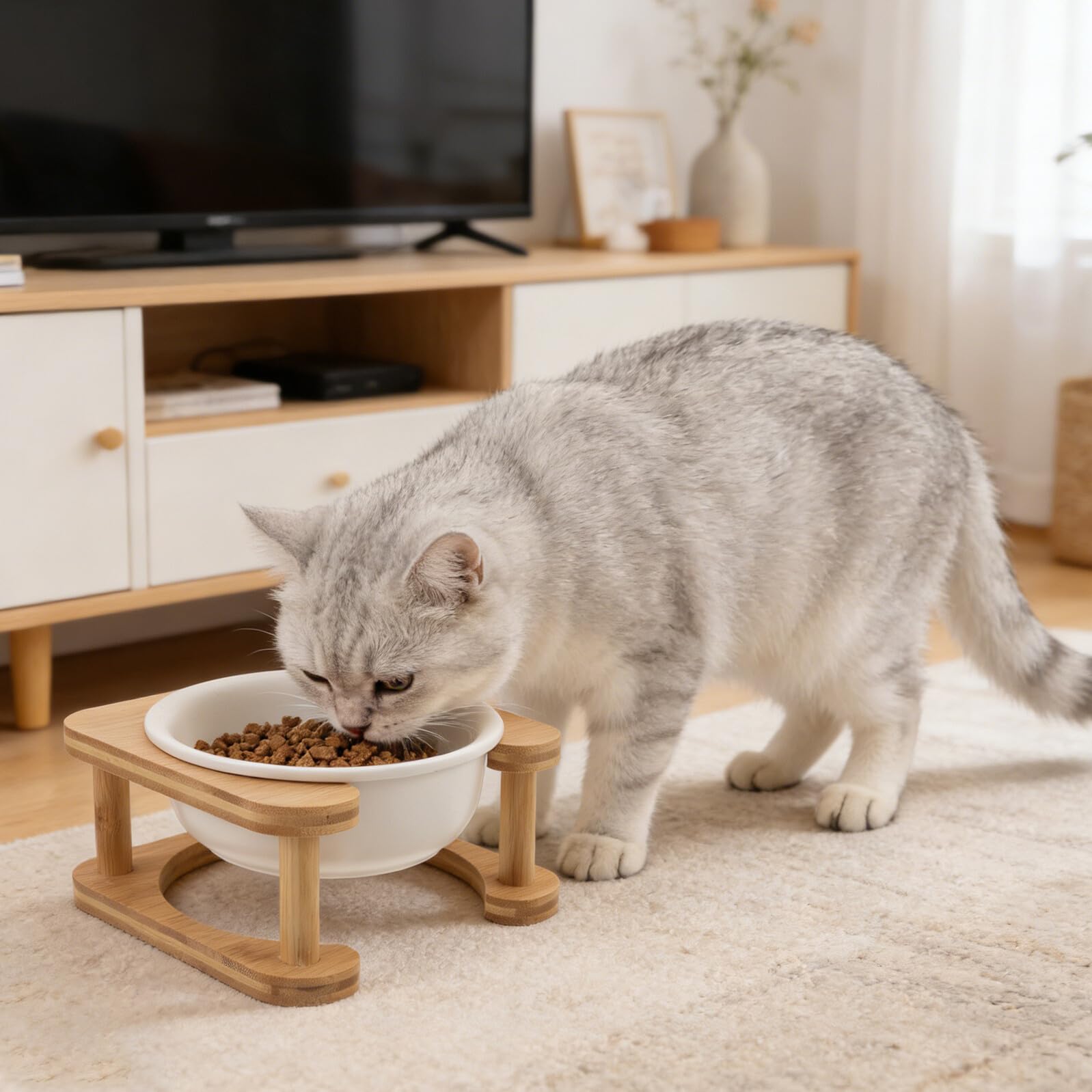 YARNOW Ciotola per Cibo per Cani Rialzata in Ceramica 600 Ml con Supporto in Legno Bianco Antiscivolo, Mangiatoia per Animali Domestici da Interno, Stazione di Alimentazione per Cani