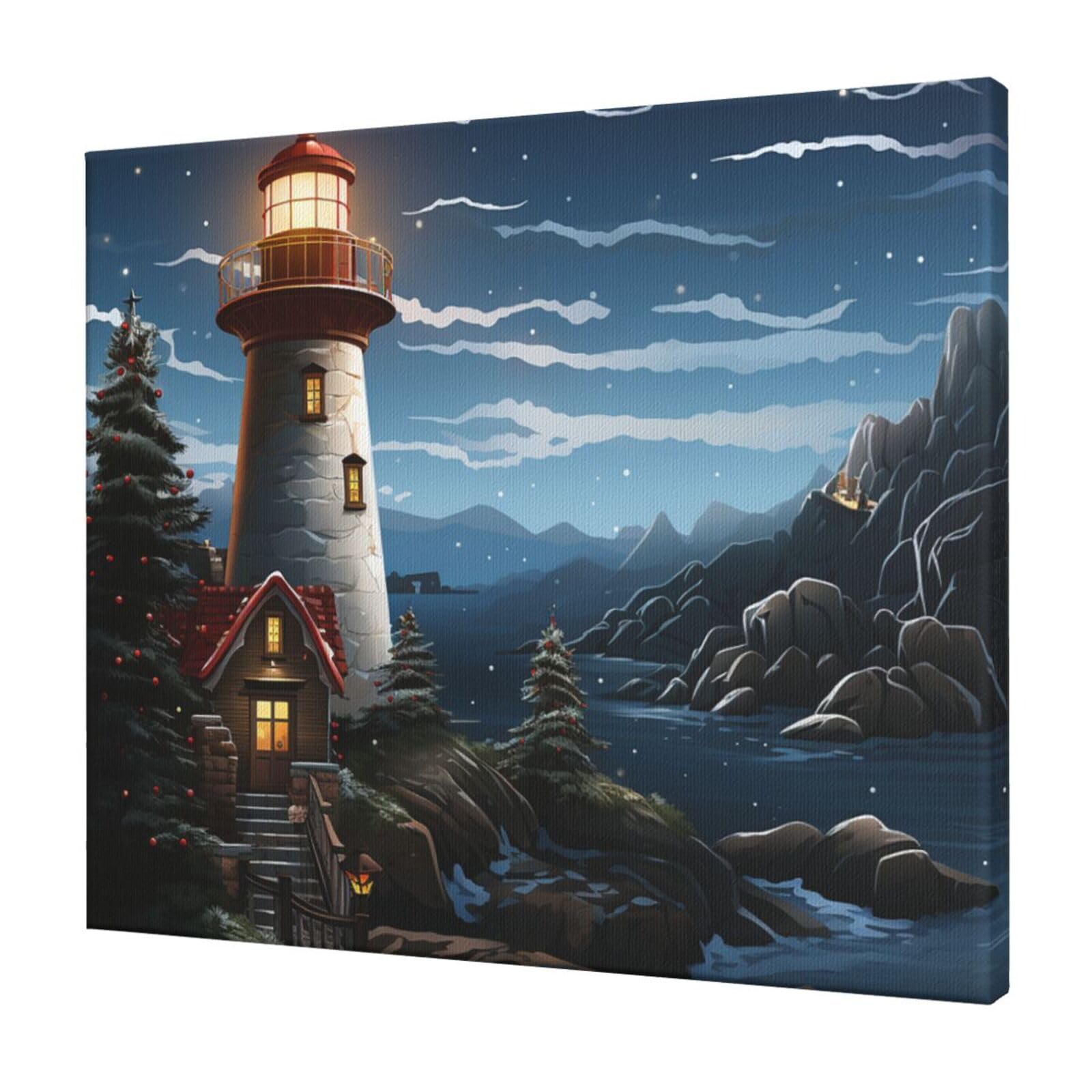 FodPand Santa Claus Lighthouse Canvas Wall Art for Living Room Wall Decor 20"x24" Modern Artwork Painting Pictures Hanging Canvas Prints Aesthetic Wall Art for Bedroom Bathroom Office Wallart Decor