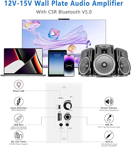 Miniatura 2 de Amplificador de pared compatible con Bluetooth 4 canales, control de volumen, placa de pared con entradas USBMICAUX (0.138 in) Bloque de terminales