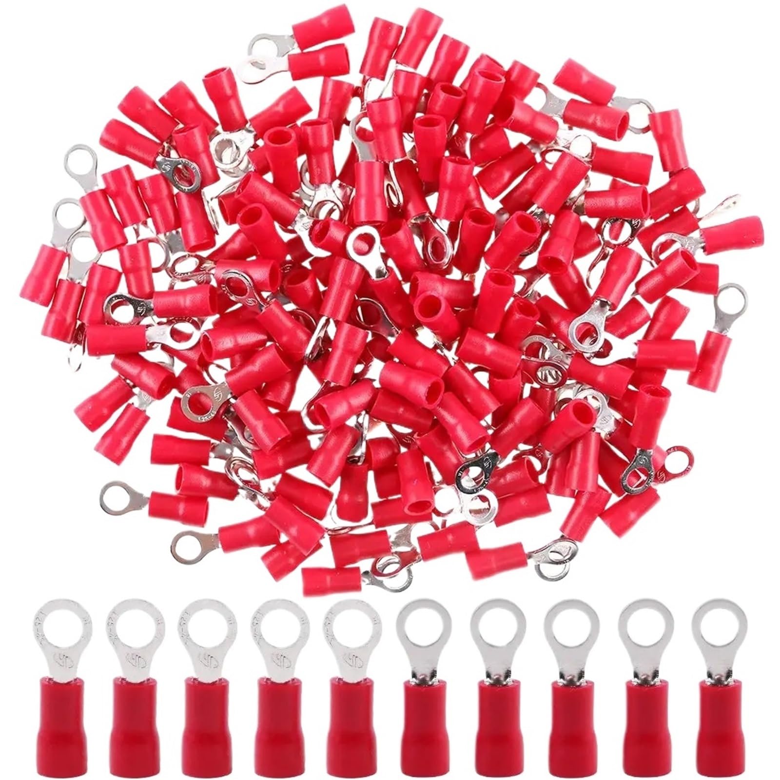 Cqahdsevf Red Electrical Ring Terminals, 100Pcs Rv2-6 Insulated Ring Terminal Crimp Connector For Auto Motorcycle Marine Multicolor(Red)