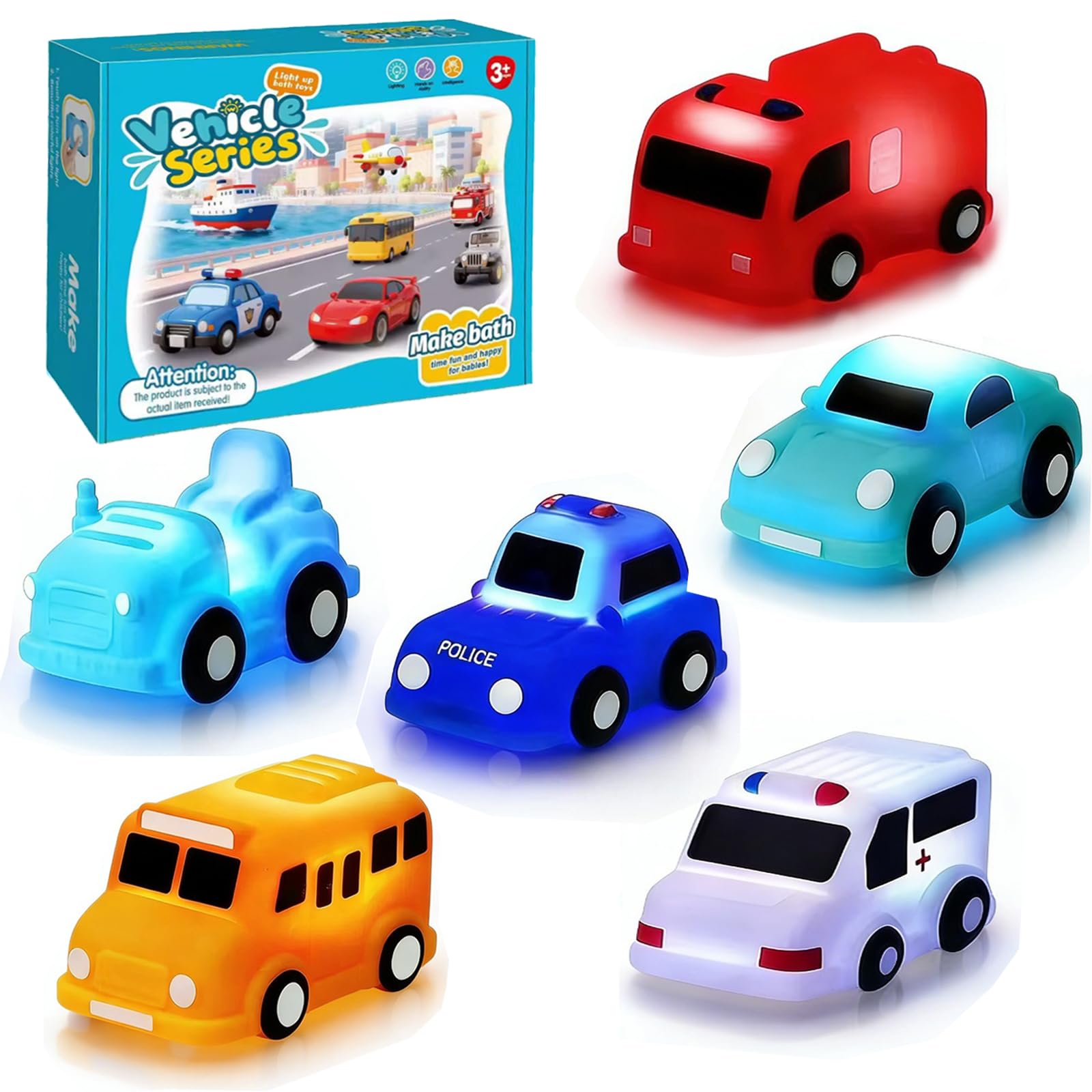 Afufu Light Up Bath Toys for Toddlers 1 2 3 Year Olds, 6Pcs No Hole No Mould Glow Vehicles Bathtub Toys for Kids, Water Activated LED Flashing Color Sensory Toy, Bath Time Shower Gifts for Boys Girls
