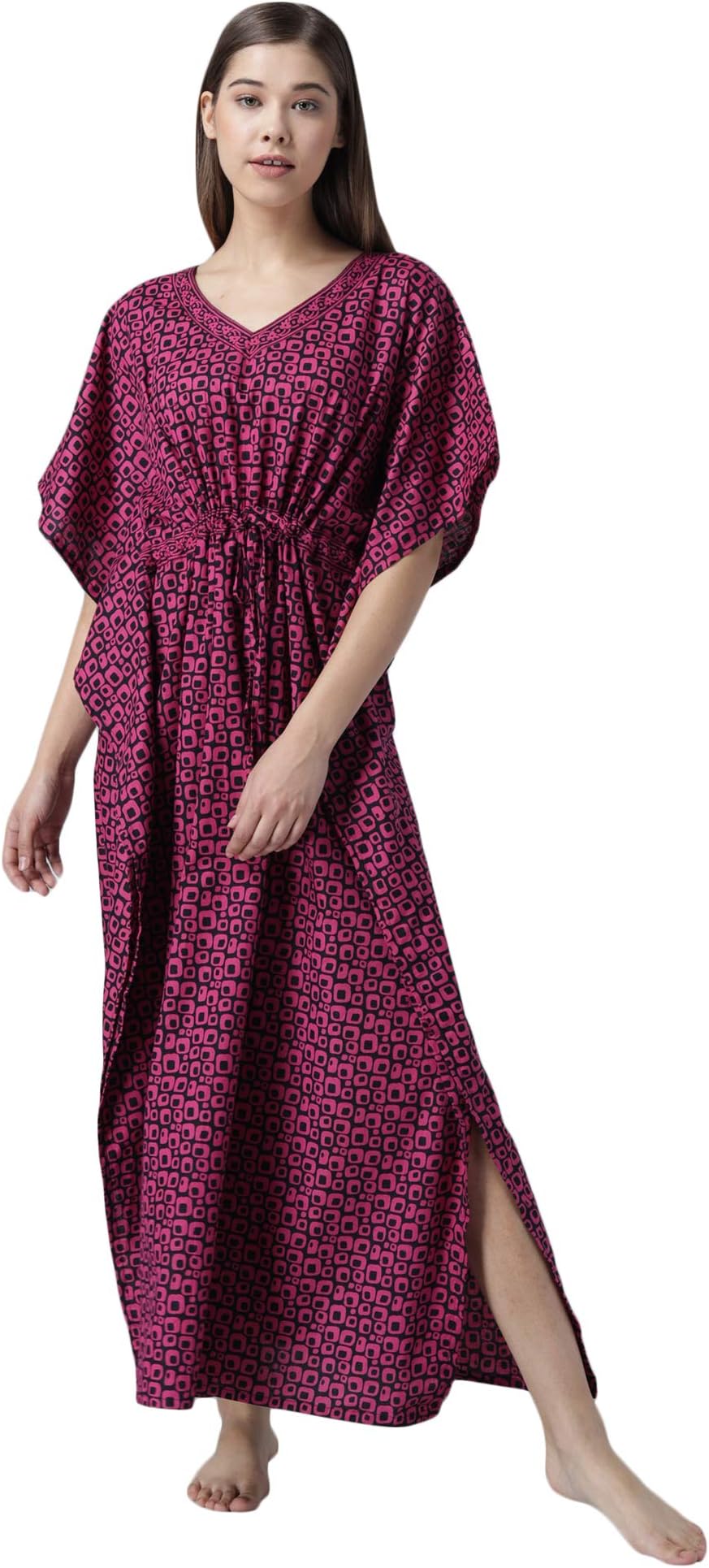 Shararat Women's Cotton All Over Print Maxi Kaftan Nighty (KAFT_Nighty_DP_Dark Pink_Free Size)