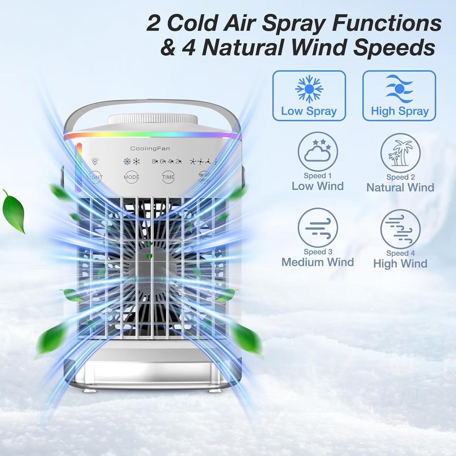 Portable Air Conditioners, Mini Air Conditioner Powerful Evaporative Air Cooler Large Water Tank, Spray Ports,3 Wind Speeds,3 Timers Auto-Off, Colorful Lights, Ac Units for Room Camping Car Office