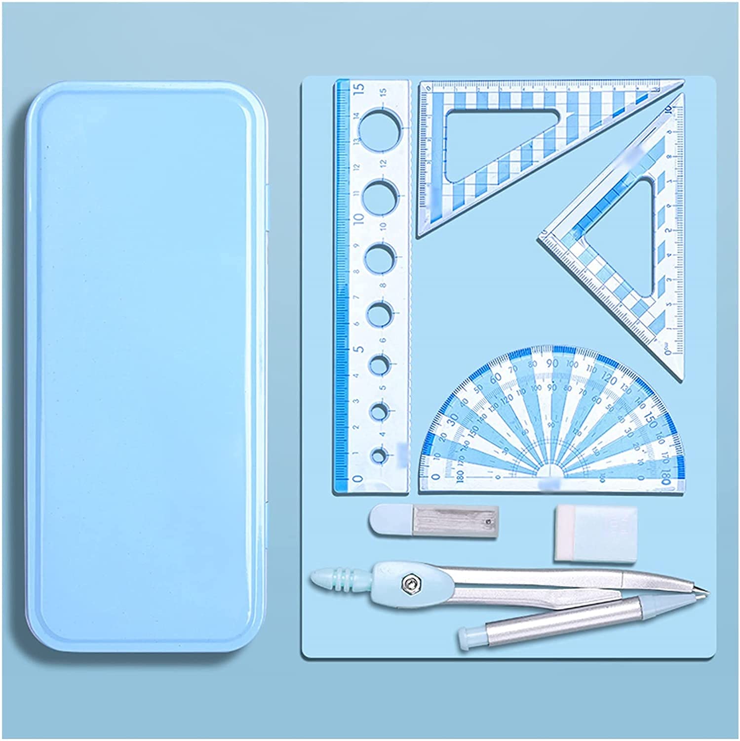 AKAZI Winkelmesser und Kompass-Set Kompass Winkelmesser-Set Kompass Schulmathe-Kompass und Winkelmesser Geometrie-Set 7-teiliger Mathematik-Kompass (Color : Blue) (Blau)