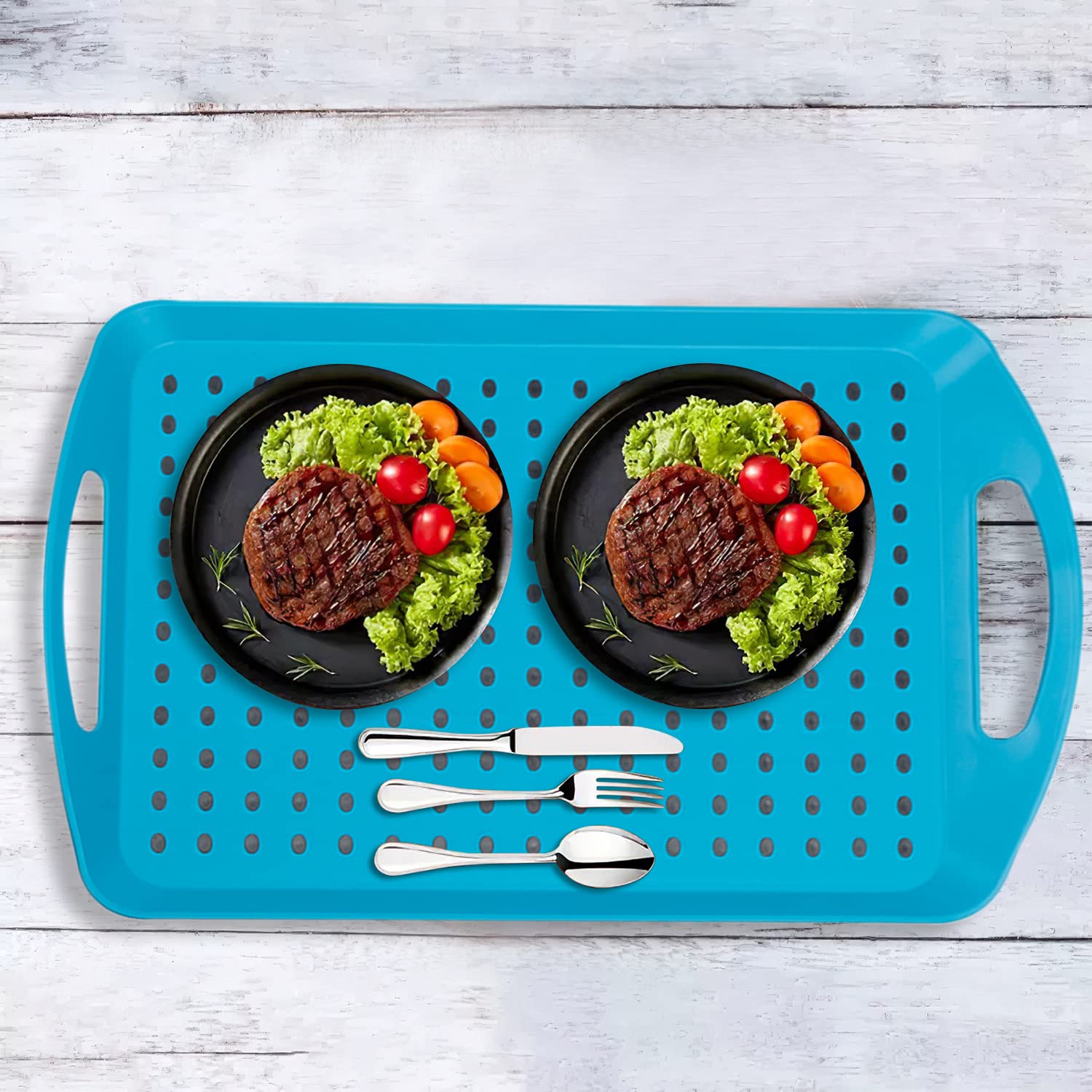 Invero Juego de 4 bandejas antideslizantes de plástico superior e inferior con superficie de goma de agarre, base acolchada antideslizante y asas, ideal para cocinas y hogares, (46 x 31 cm)