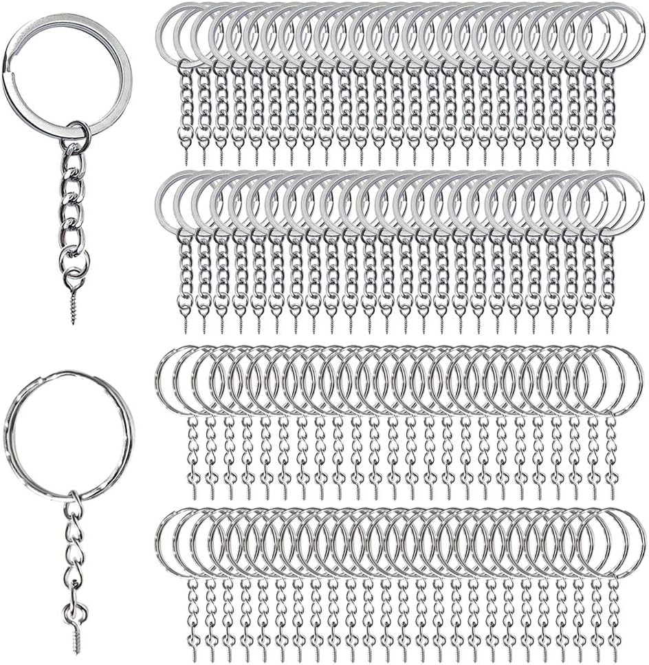 100Pcs Keyring Rings Key Chain Split Metal Key Rings with Link Chain and Open Jump Rings and Screw Eye Pins for Crafts, 25 mm Diameter