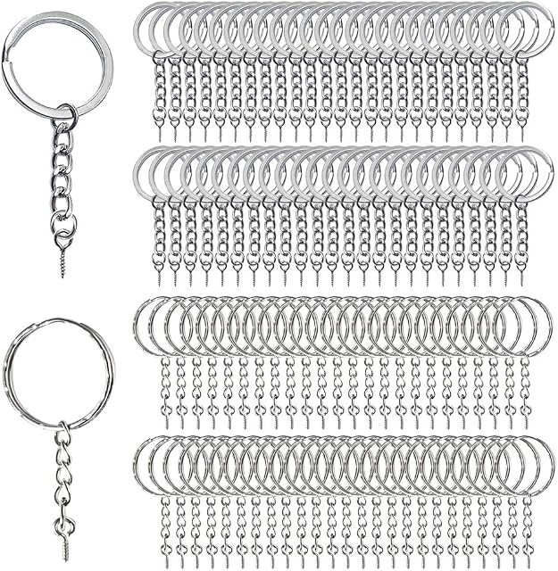 Homo Trends 100Pcs Keyring Rings Key Chain Split Metal Key Rings with Link Chain and Open Jump Rings and Screw Eye Pins for Crafts, 25 mm Diameter