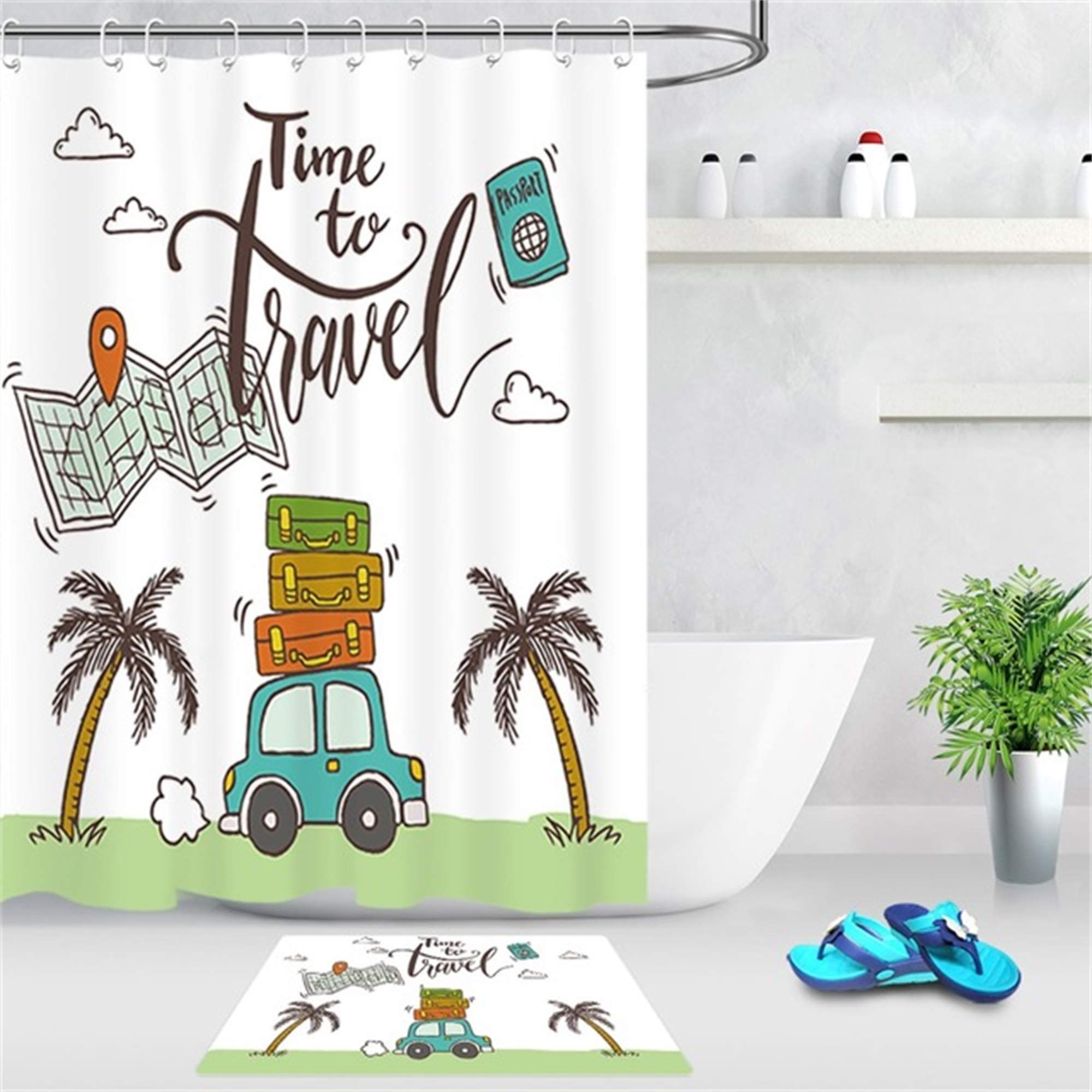 ZLWSSA 3D Waterproof Shower Curtain Camper Picnic Car World Map Coconut Tree Bathroom Polyester Fabric 180x240cm
