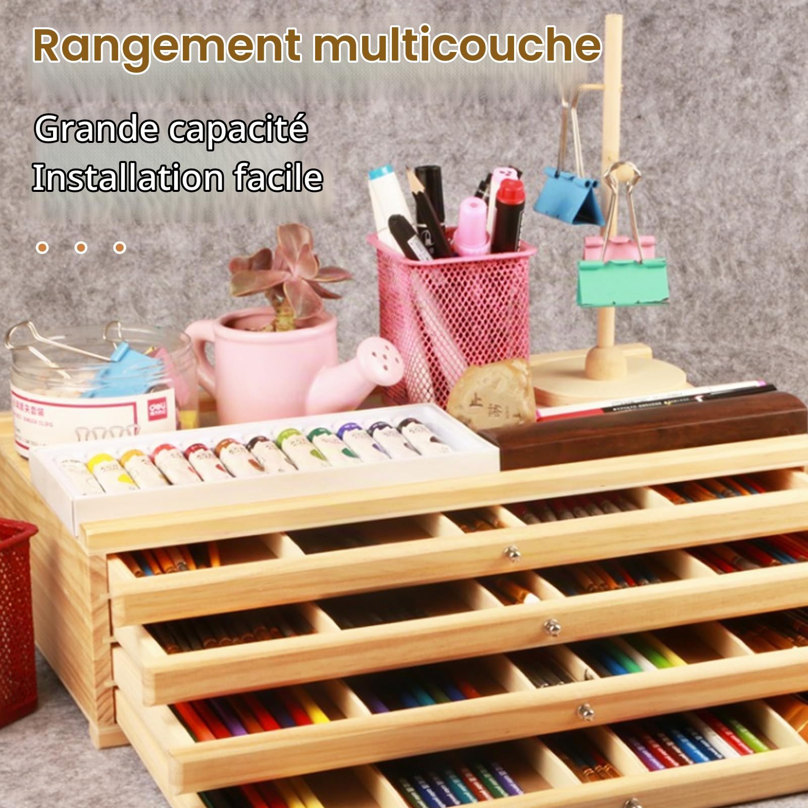 Boîte de Rangement Pour Pinceaux, Boîte de Rangement En Bois Pour Fournitures D'artiste Avec 4 Tiroirs Amovibles, Caja de Almacenamiento de Arte de Pino Premium Pour Crayons, Stylos, Pinceaux