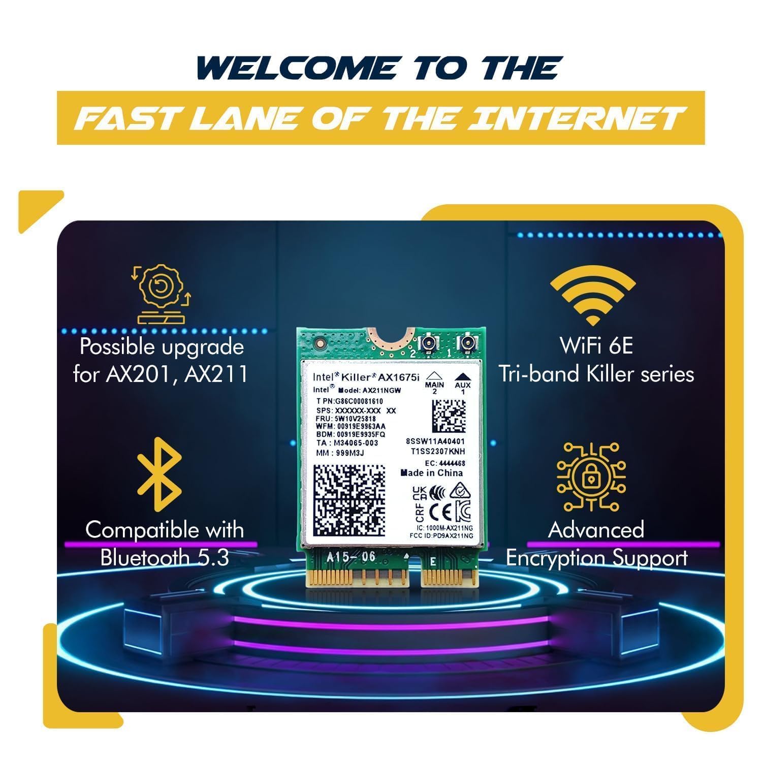 AX1675i Killer Series Upgraded WiFi 6E Adapter | Gaming WiFi Adapter | CNVio2 M.2 Wifi Card | 2.4 Gbps WiFi for PC | Bluetooth 5.3 Support | Requires Intel 11th+ Gen CPU (AX1675i)