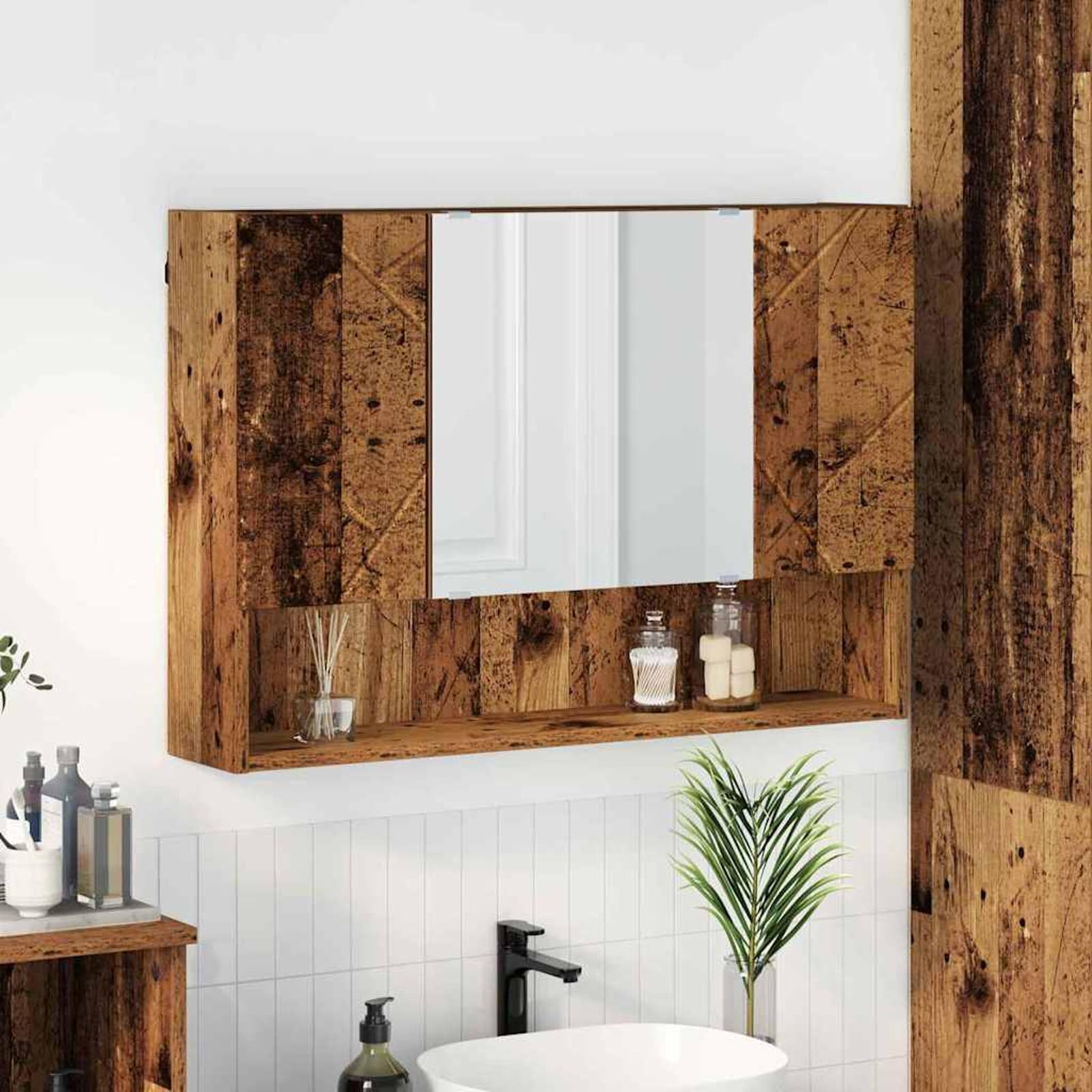 Gecheer Spiegelschrank mit Tür Altholz 80 x 17 x 55 cm Holzwerkstoff, Deko Spiegel Bathroom Mirror für Badezimmer Make-up Rasur Wohnung Hotel883362