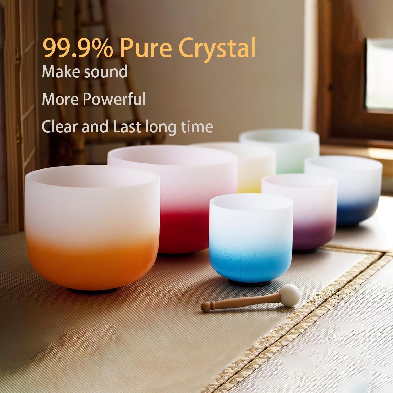 Hye-eun 7 campane tibetane in cristallo da 17,8 a 30,5 cm, 432 Hz, per yoga, meditazione, con custodia resistente (sfumato colore, 7 pezzi)