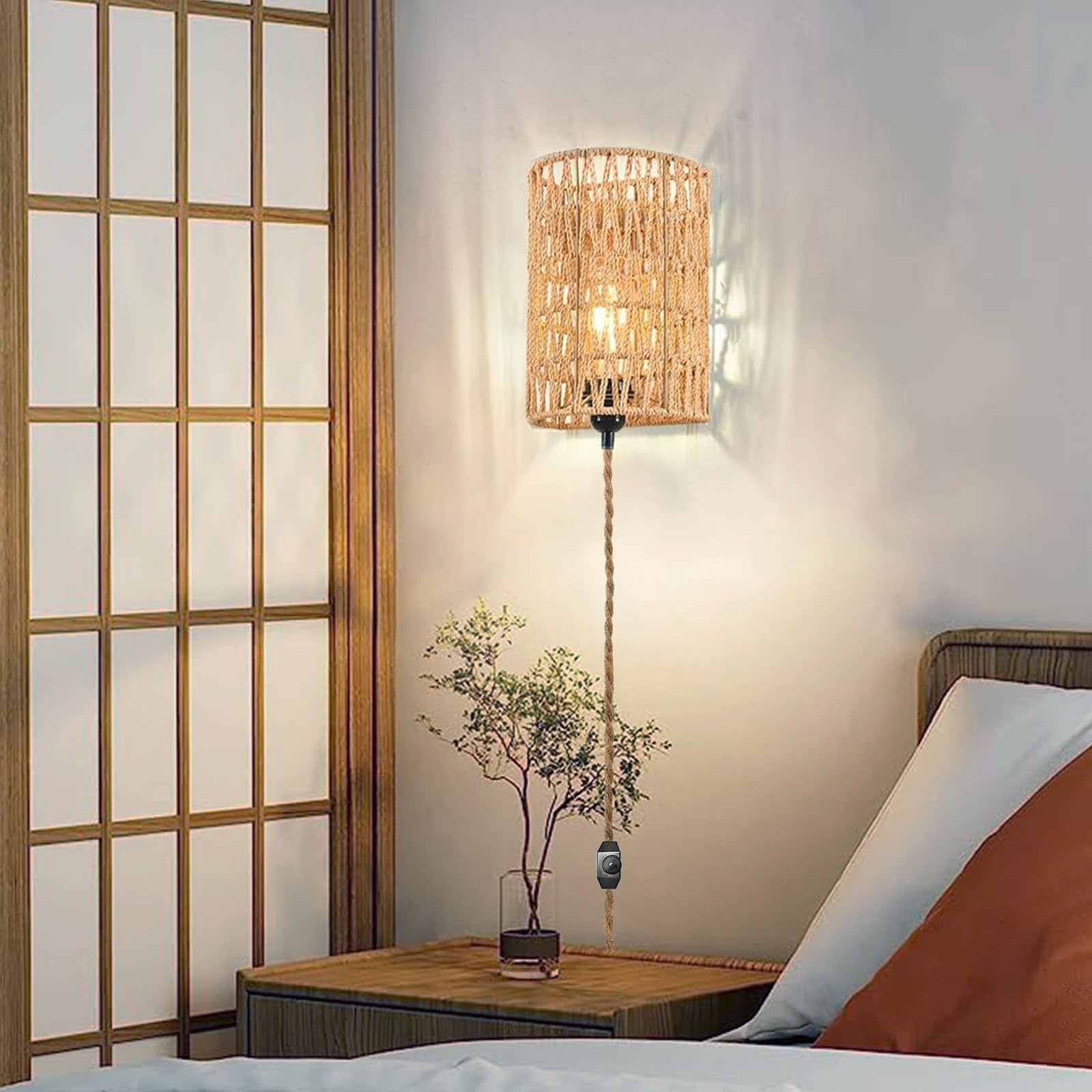 2 Stück Wandleuchte Innen Rattan, Boho Hanfseil Wandlampe mit Dimmbar Schalter & Stecker, Rustikal Vintage Wandlicht mit Kabel, Retro E27 Wandstrahler für Schlafzimmer Treppenhaus(Ohne Glühbirne)