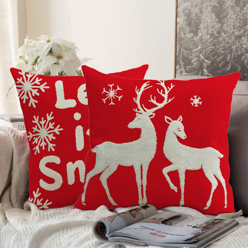 Lot De 4 Housses De Coussin Noël FaJoek – 45x45cm, Lin Rouge, Motifs De Noël, Pour Canapé, Sans Coussin