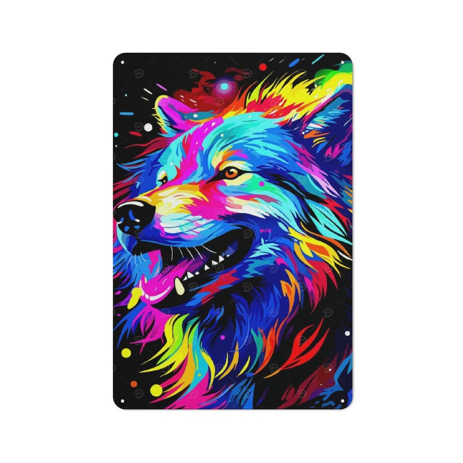 Junmoney Colorful Wolf Portrait On Black Background Tin Wall Plaque 30X20cm With For Kitchen Or Home Bar, Suited To Kitchen Decor Lovers