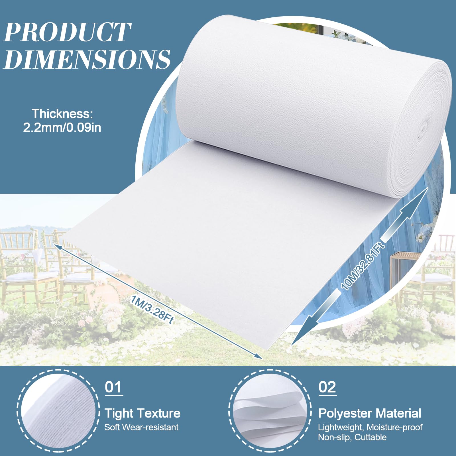 TWSOUL Tappeto bianco per matrimonio, 1 m x 10 m, per matrimonio, spessore 2,2 mm, per eventi, fiere, per ricevimenti, per la prima volta