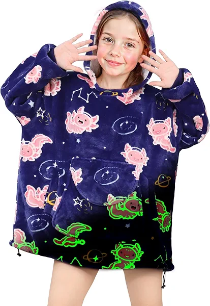 Axolotl Wearable Blanket Hoodie - Glow in the dark Blankets Gifts for 6-12 Year Old Plush Fleece Hoodie with Pockets for Axolotl Birthday Decoration