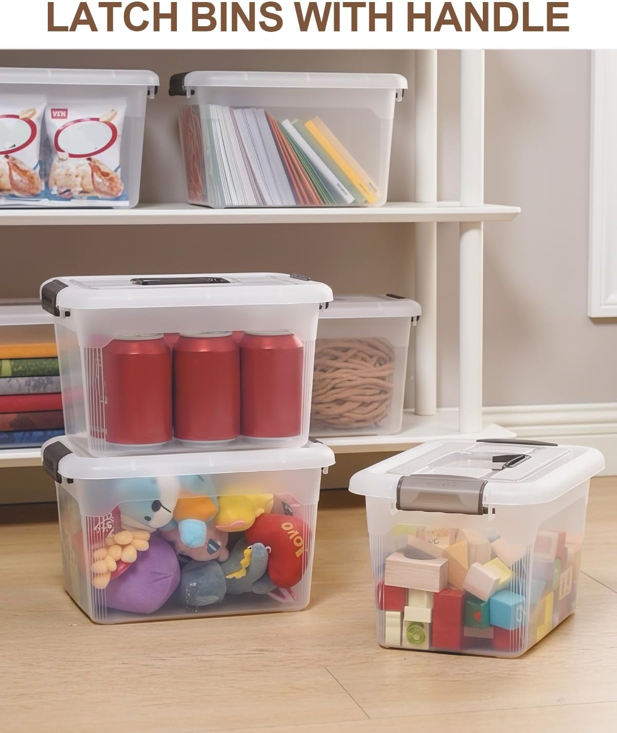 Citylife 4 Packs 6 QT Storage Bins with Lids Clear Plastic Bins with Grey Handle Stackable Storage Containers for Organizing