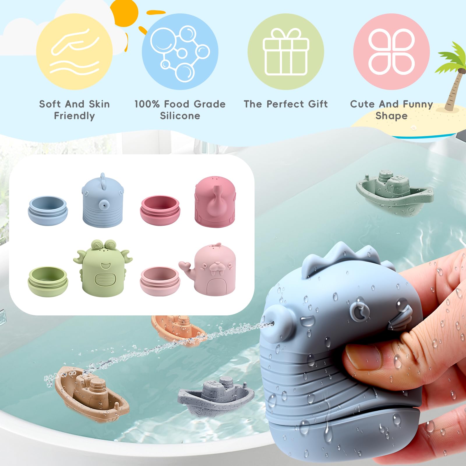 16 Pezzi Giochi da Bagno,Giochi per il bagnetto,Giocattolo da Bagnetto per Bambini,Giocattoli Animali in Silicone con barchette da bagno impilabili e cucchiaio,per Vasca da Bagno e Piscina