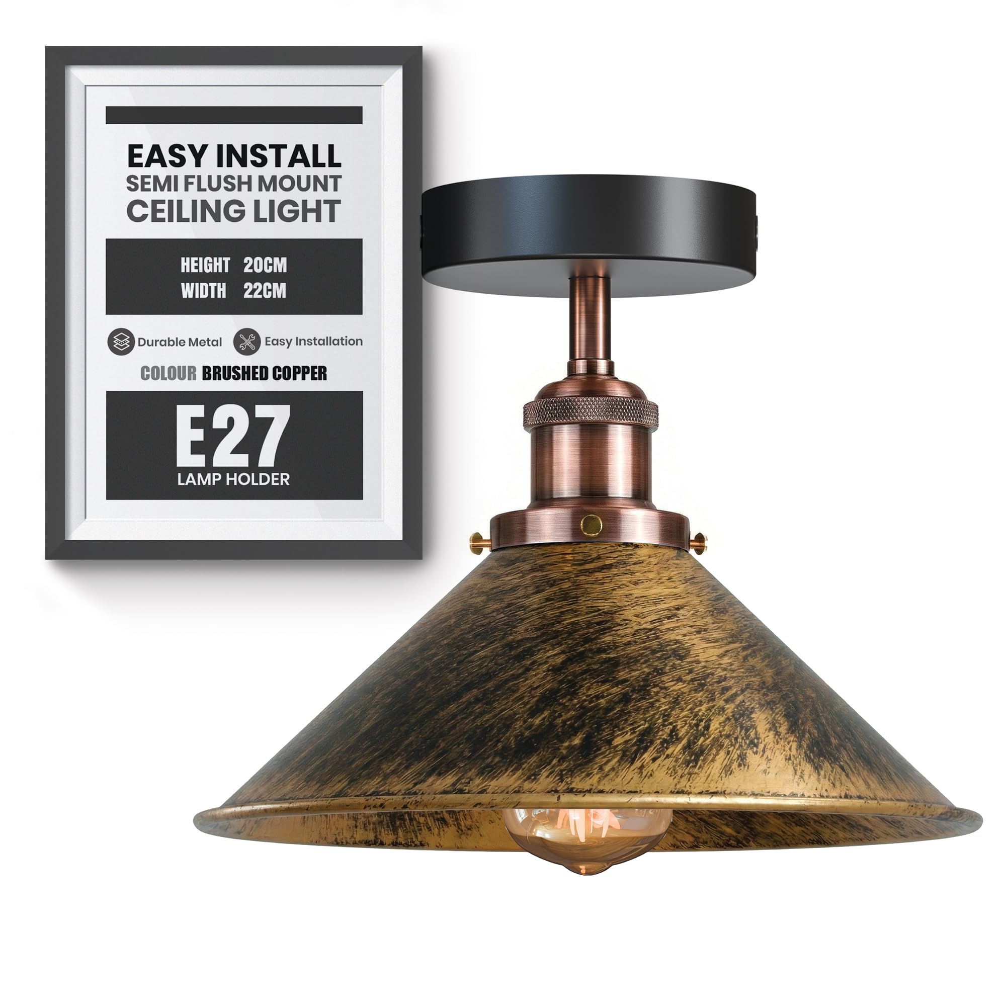 LEDSone E27 Semi Flush Mount Lighting Metal Brushed Copper Cone Shade No Bulb