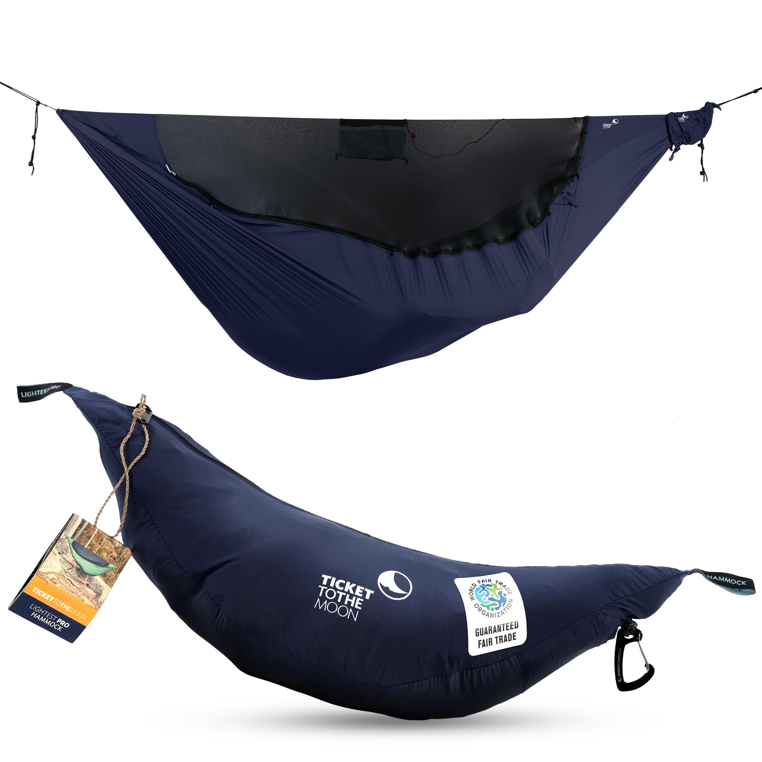 Ticket to the MoonLightest PRO Hammock - Ultralight (590 g), Compact (325 cm x 140 cm) - Includes Insect Protection & Integrated Ridgeline - Adjustable Length (up 3.1 m), S rage System (Navy Blue)