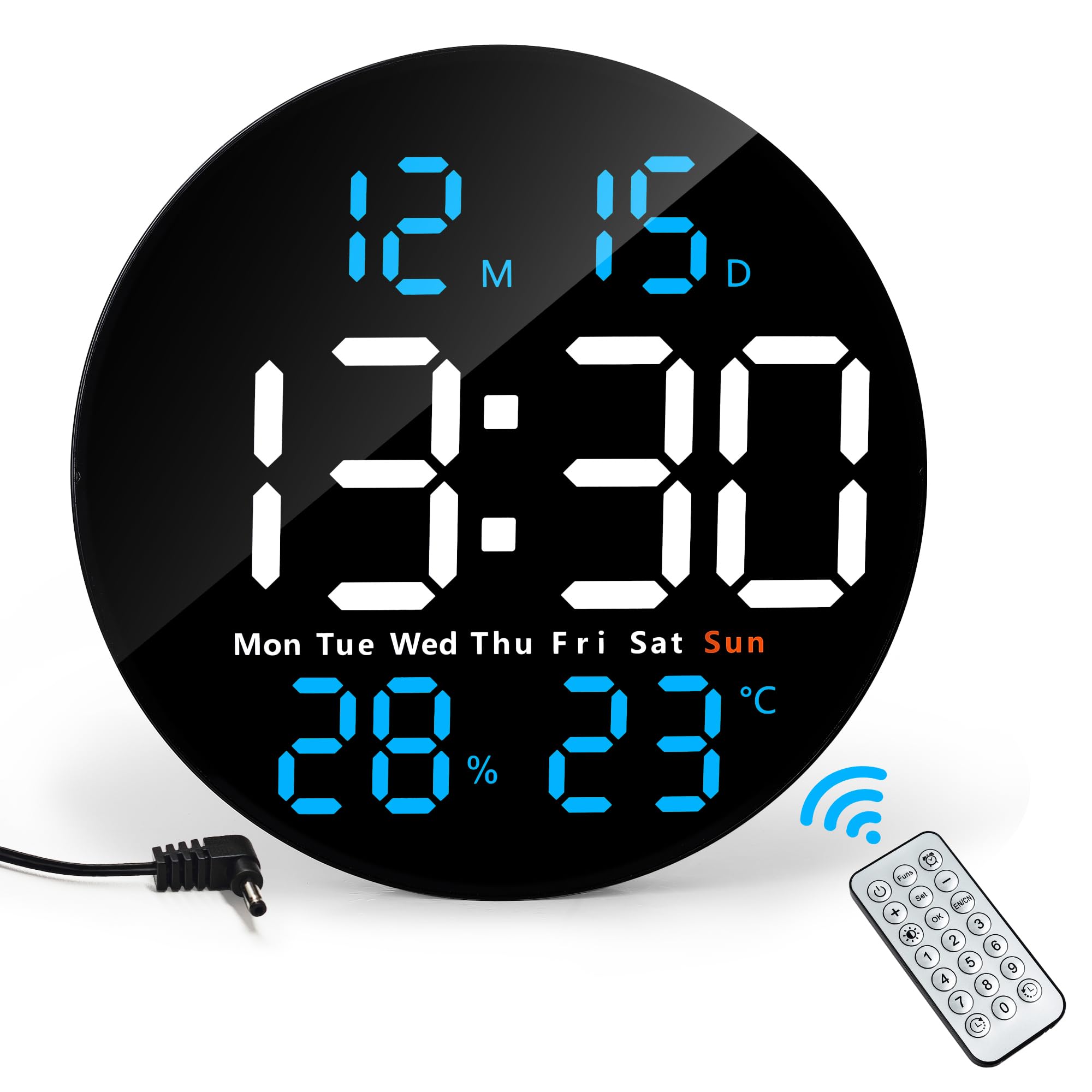 Lafocuse Reloj de Pared Digital con Grande Pantalla LED 25CM, Silencioso Relojes con Control Remoto, Temperatura, Fecha, 2 Alarmas, Cuenta Atrás, Brillo Ajustable para Salon Cocina Oficina, Azul