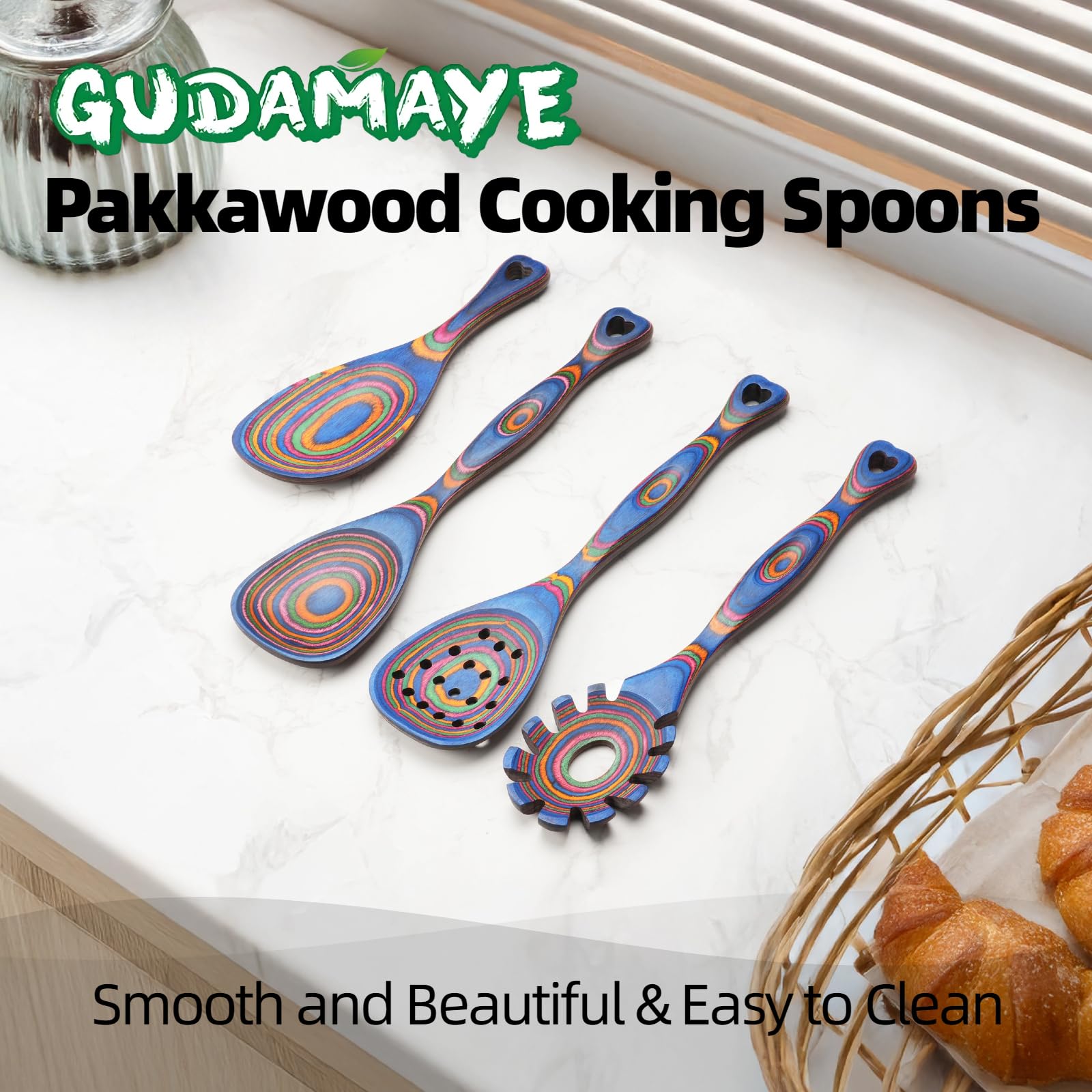 Gudamaye Pakkawood Kochutensilien-Set aus Holz, 7-teilig, Holzlöffel zum Kochen, Kochutensilien-Set aus Holz mit ergonomischen rutschfesten Griffen, hitzebeständige & stilvolle Kochlöffel