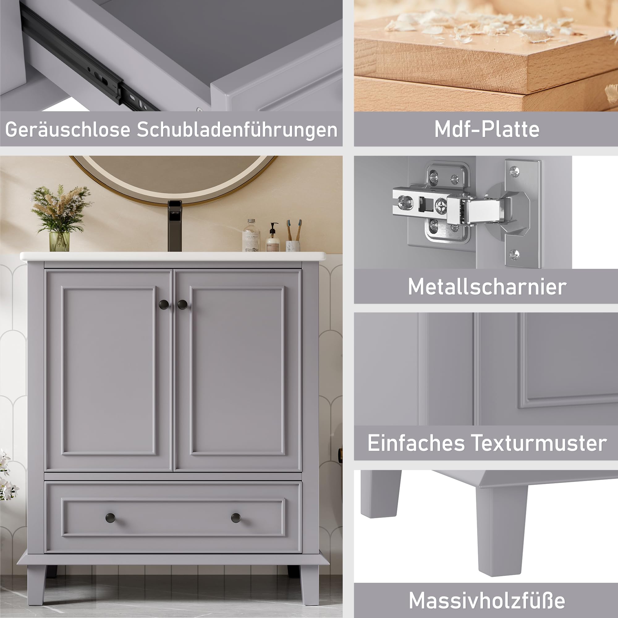 Merax Waschbecken mit Unterschrank, Bodenstehender Badezimmerschrank mit Waschbeck, Waschtisch, Beine aus Massivholz, feuchtigkeits- und wasserdicht, Keramikwaschbecken, Grau, 76x46x87cm