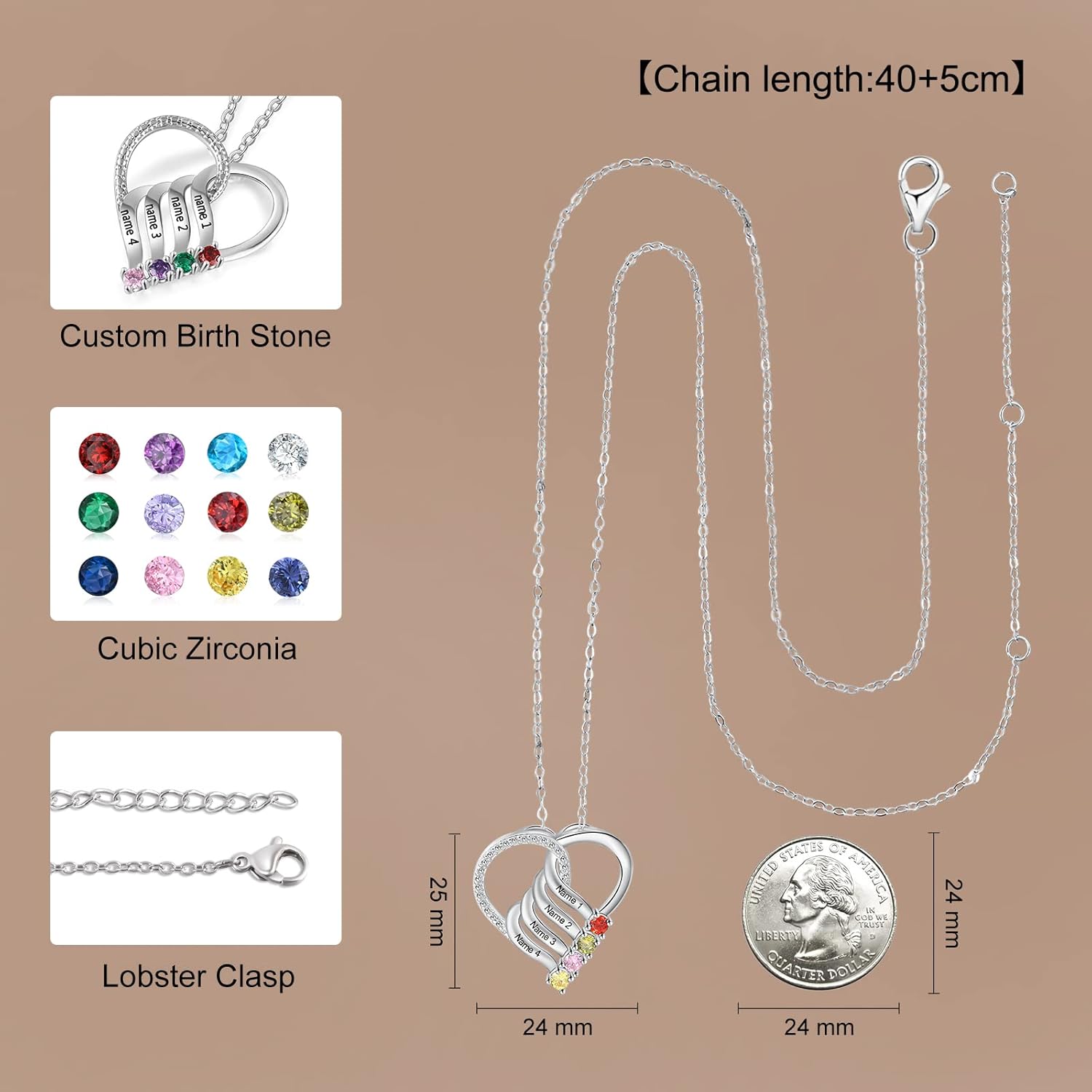 Jeweidea Personalized Heart Necklace with 2-6 Simulated Birthstones Custom Name Mother Daughter Chain Pendant for Women Mom Birthday