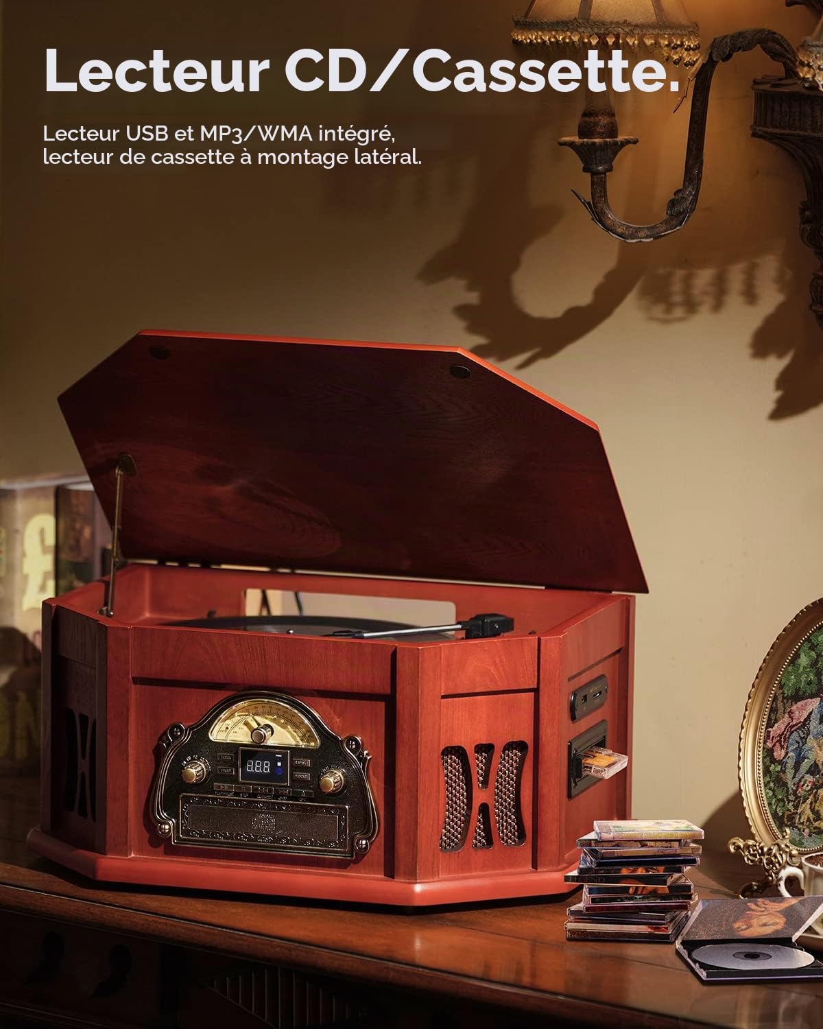 10-in-1 Wood Classic Turntable Stereo System with Bluetooth Connection, Vinyl Record Player, AM/FM, CD, Cassette, USB, SD Slot. 2 Built-in Speakers, Remote Control, MP3 Player