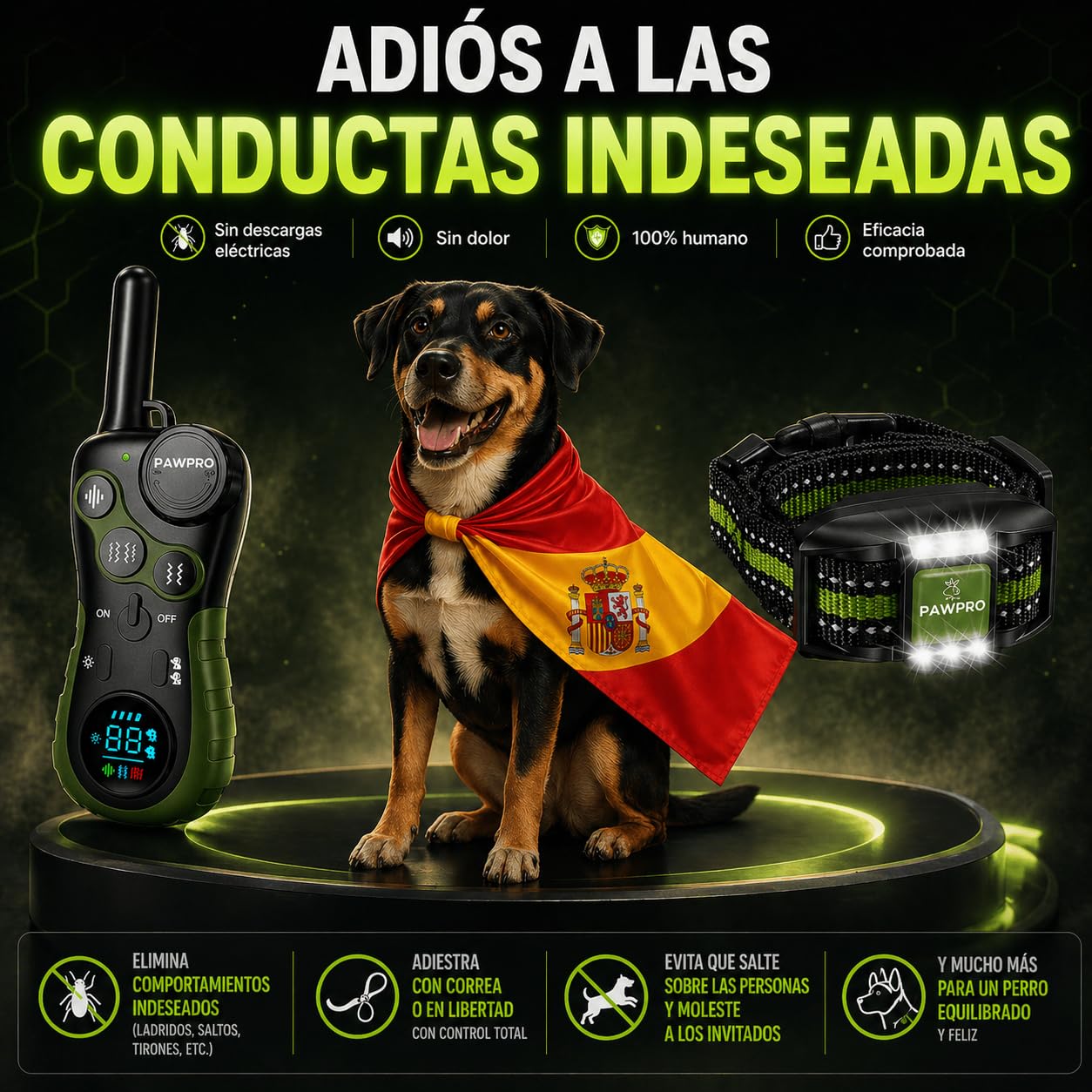 PAWPRO Collar de Adiestramiento, Conforme Nueva Ley Española de Bienestar Animal, Alcance XXL 3 km, Modo Luz Nocturna, BIP Vibración Boost, Apto para Todos los Perros, Resistente al Agua (1 Collar)