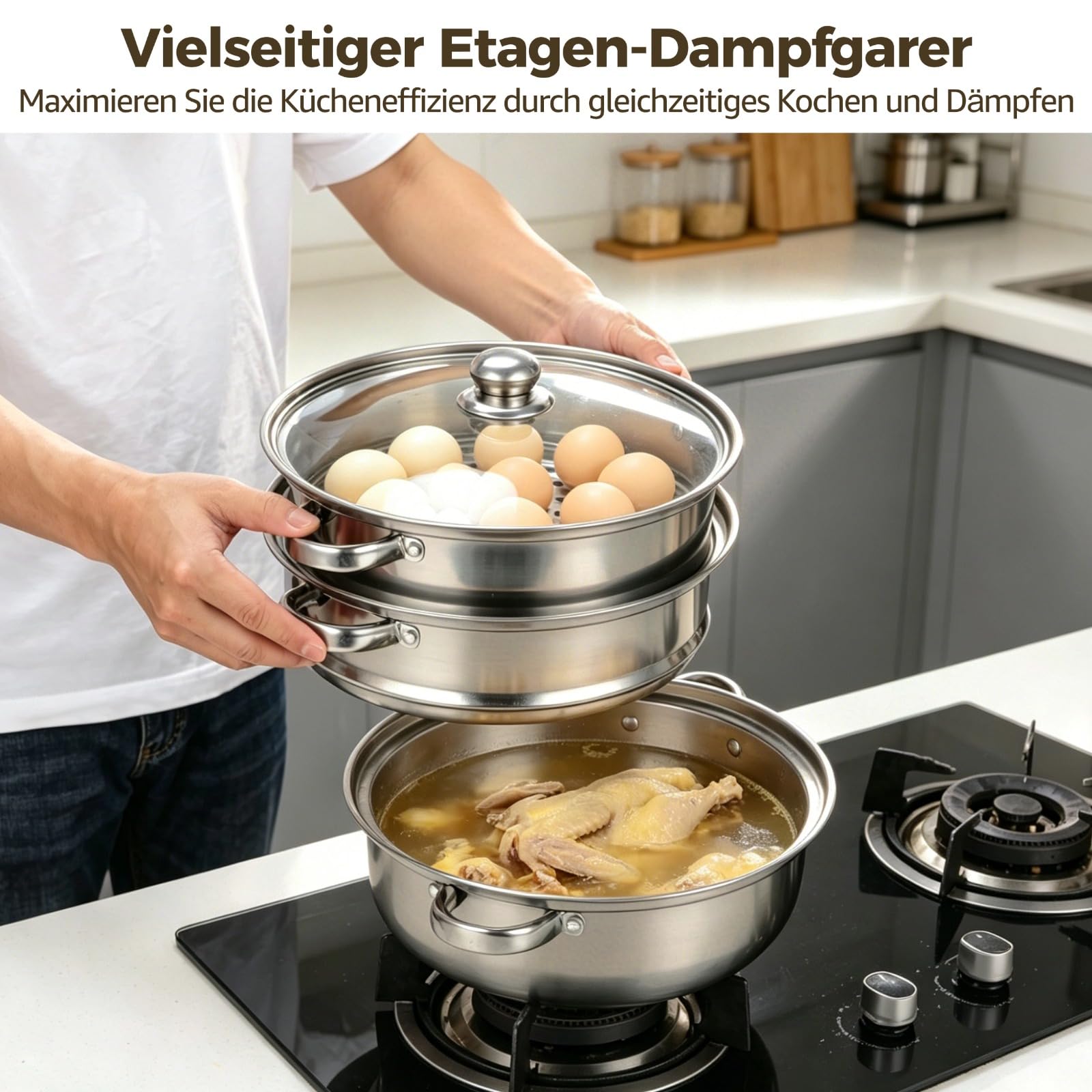 3-stöckiger Dampfgarer Topf mit Glasdeckel, Dampfgarer 28 cm aus Edelstahl