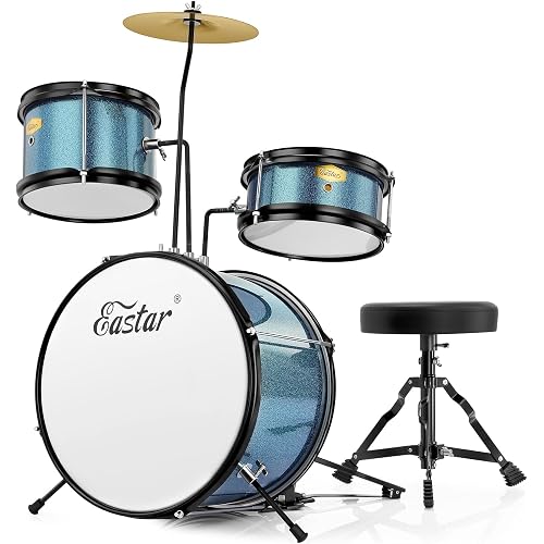 Kids Drum Set Eastar 3-Piece for Beginners, 14 inch Drum Kit with Adjustable Throne, Cymbal, Pedal & Two Pairs of Drumsticks, Junior Drum Set with Bass Tom Snare Drum, Metallic Sky Blue
