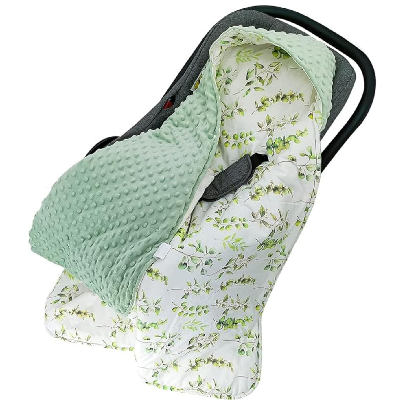 ZiaWorld Baby Car Seat Blanket 90x90cm Reversible Wrap Swaddle Blanket for Newborn Babies, Plush Soft Double-Sided Cotton, Universal Fit for Car Seat, Pushchair, Buggy, Pram (Green Leaf)