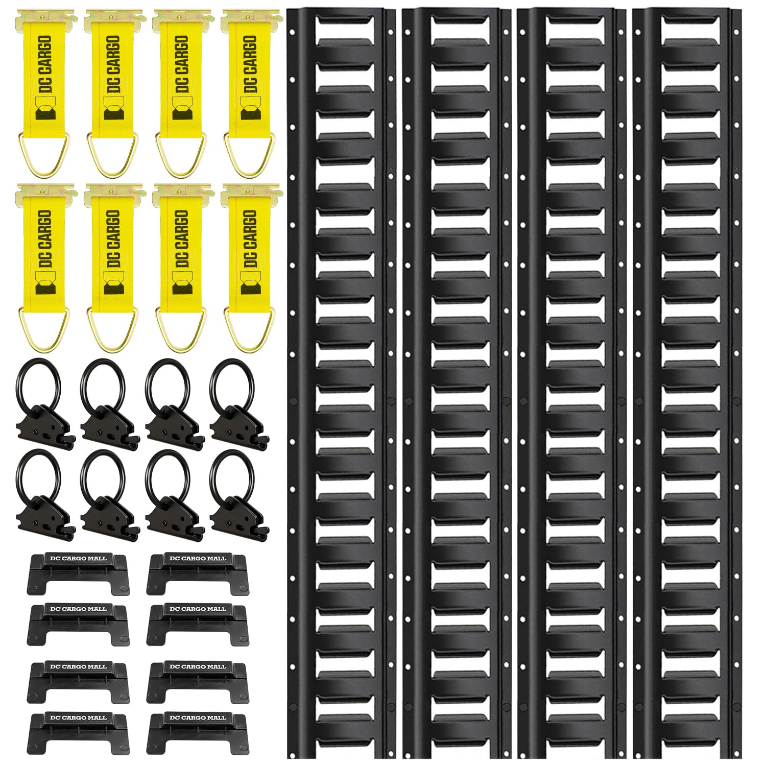 DC Cargo Mall E Track Rail Tie-Down Kit - 28 Piece Set Etrack kit -8' Rails, End Caps, Rope Tie Offs & O Ring Anchors - E track Accessories System Starter Kit for Securement in Trucks, Vans & Trailers