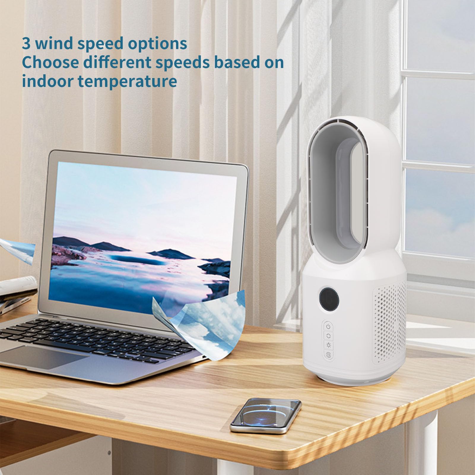Srliya Desktop-Lüfter ohne Flügel, 3 Geschwindigkeitsstufen, Wind 106 Grad, Oszillierender, Wiederaufladbarer Schreibtischventilator mit LED-Nachtlicht für den Sommergebrauch