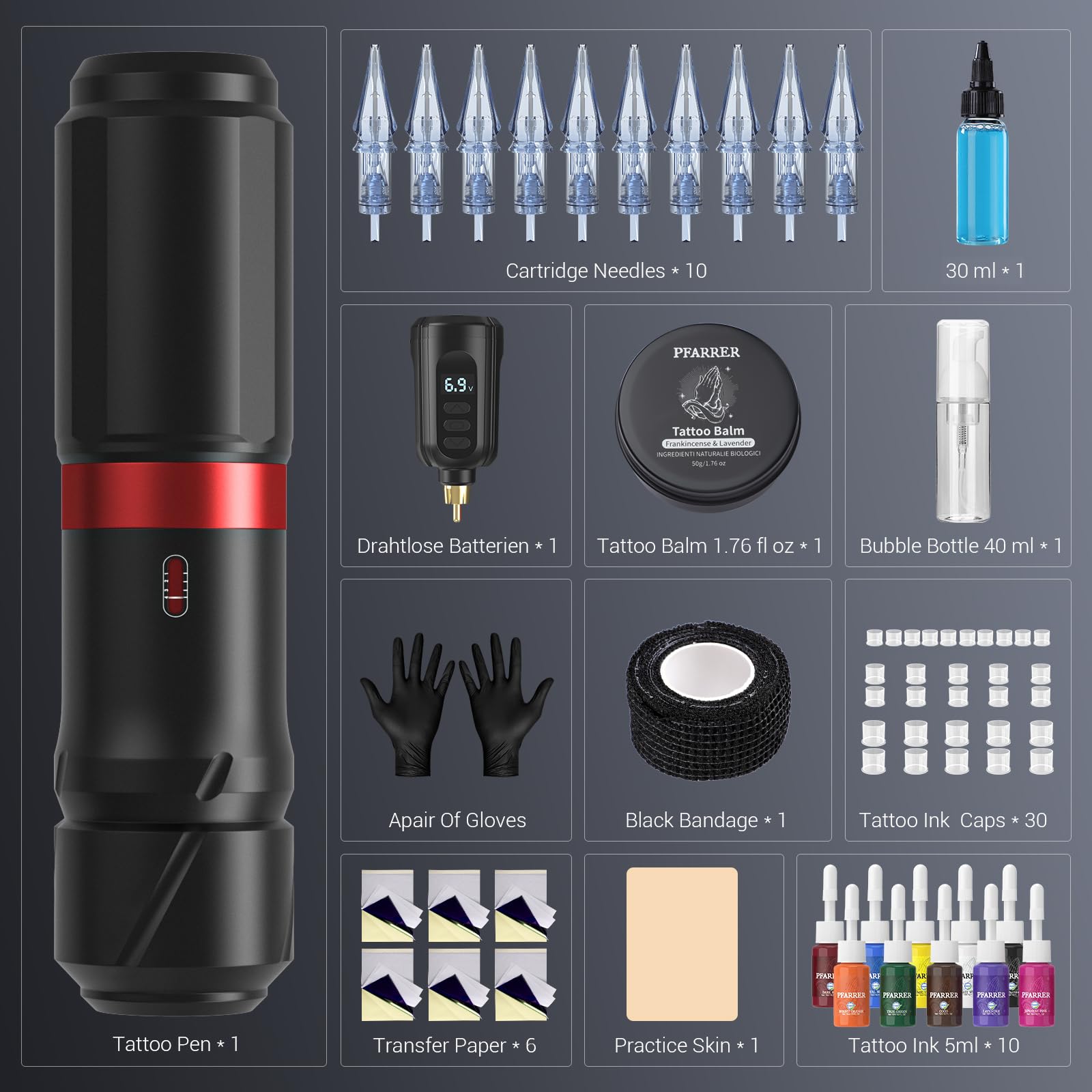 PFARRER maquina de tatuar kit completo Rotativa Máquina con 4 Modos Batería 10pcs Agujas Tatuaje Cartucho 10 Tinta Tatuaje Profesional for Principiante y Artistas PRP83KITEU-1