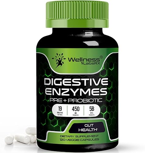 Enzimas digestivas con probióticos y prebióticos, 450 mg, 5 mil millones de UFC - Cápsulas de súper digestión puras - Enzimas digestivas para