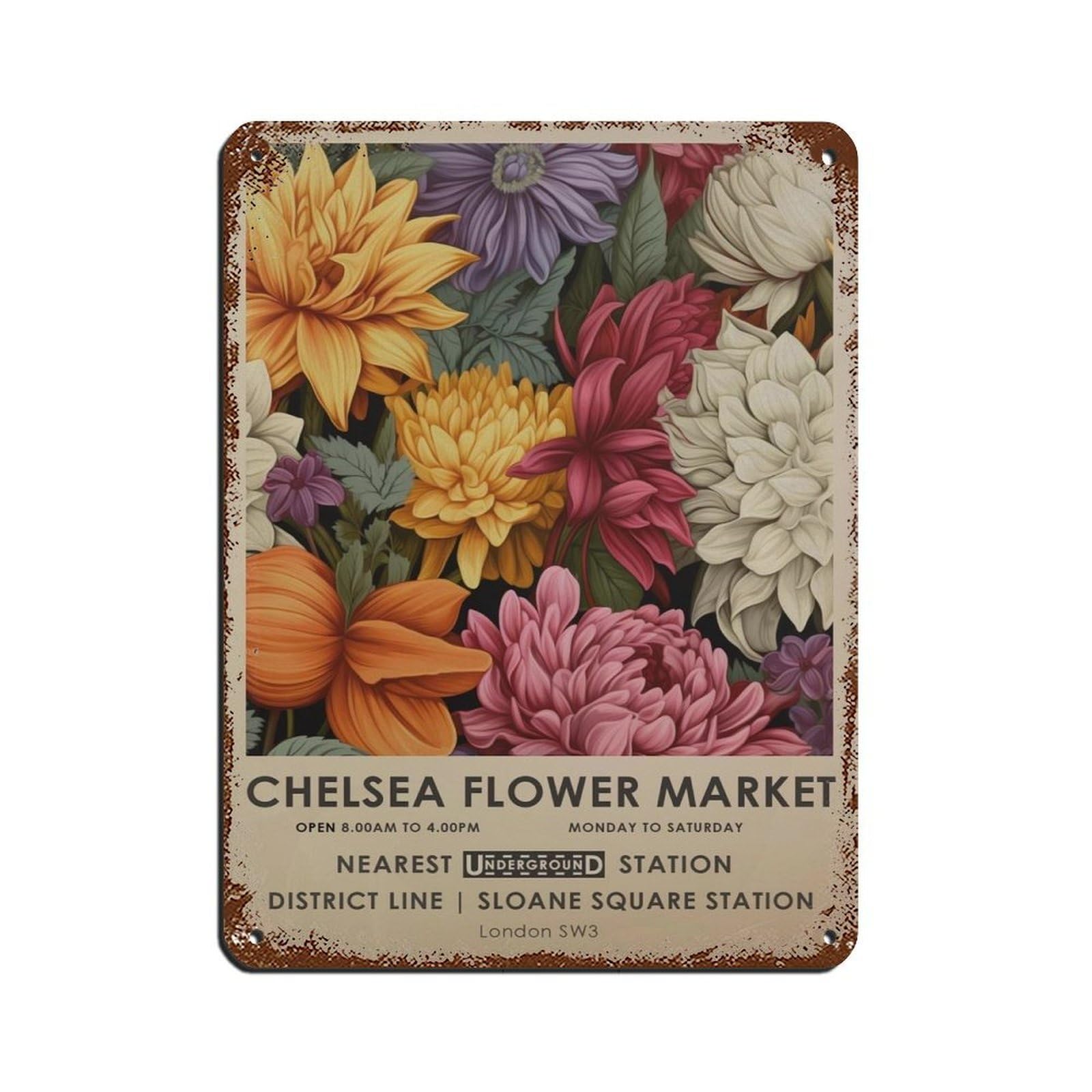 Chelsea Flower Market, Vibrant Botanical Art, Gift (2) Tin Sign Vintage Metal Pub Club Cafe Bar Home Wall Art Decoration Poster Retro 12x16inch(30x40cm)